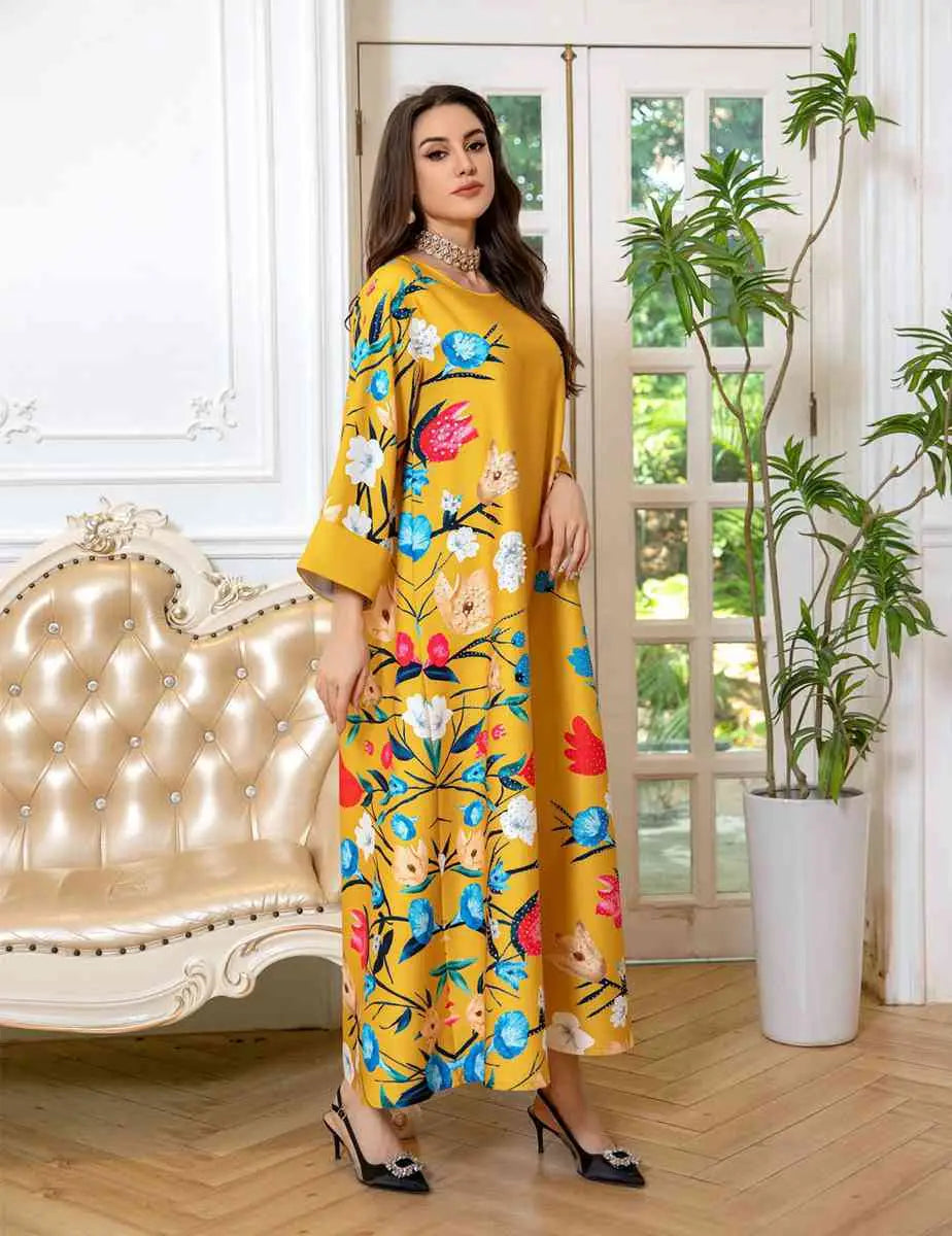 Elegant Eid Dress for Women - Arab Printed Kaftan Caftan Abaya Dress with Long Sleeves - Perfect for Eid Celebrations, Weddings & Special Occasions