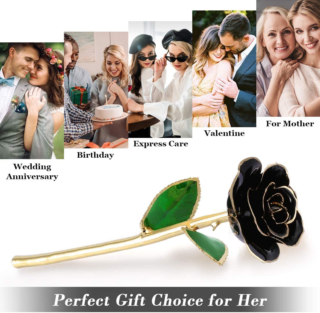 24K Gold Dipped Black Rose - Long Stem Preserved Rose Flower with Stand - Romantic Gift for Valentine's Day, Anniversary, Birthday - Perfect for Her, Wife, Mother, Girlfriend - Elegant Home Decor & Special Occasion Gift