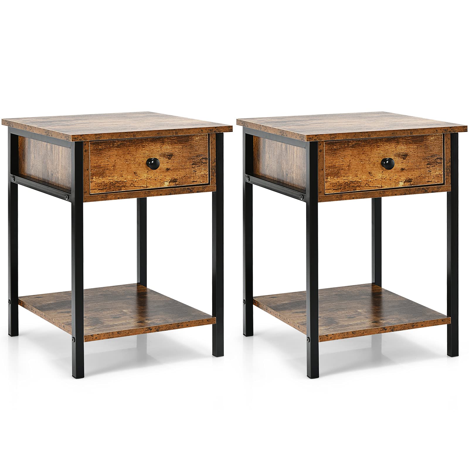 Giantex Industrial Nightstand Set of 2 - 2-Tier End Tables with Storage Drawer & Shelf, Metal Frame Bedside Tables with Wooden Top for Bedroom & Living Room - Easy Assembly Rustic Brown - Perfect for Small Spaces & Apartment Decor