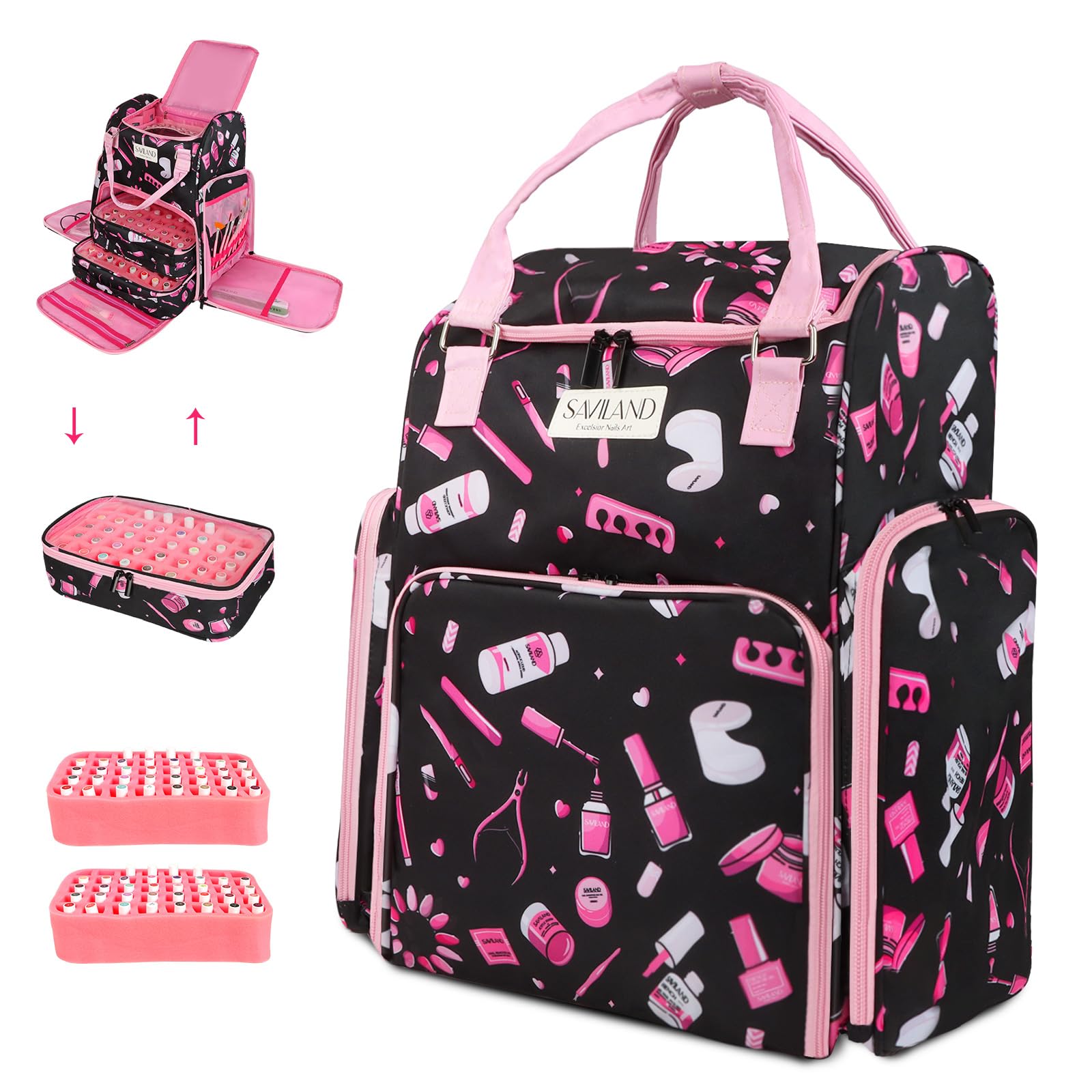 SAVILAND 33L Large Nail Polish Organizer Bag - Holds 80 Bottles (15ml/0.5 fl.oz) & Nail Lamp - Professional Travel Nail Kit Organizer Backpack for Nail Technicians - Perfect for Salon Storage, Mobile Nail Services & At-Home Manicures