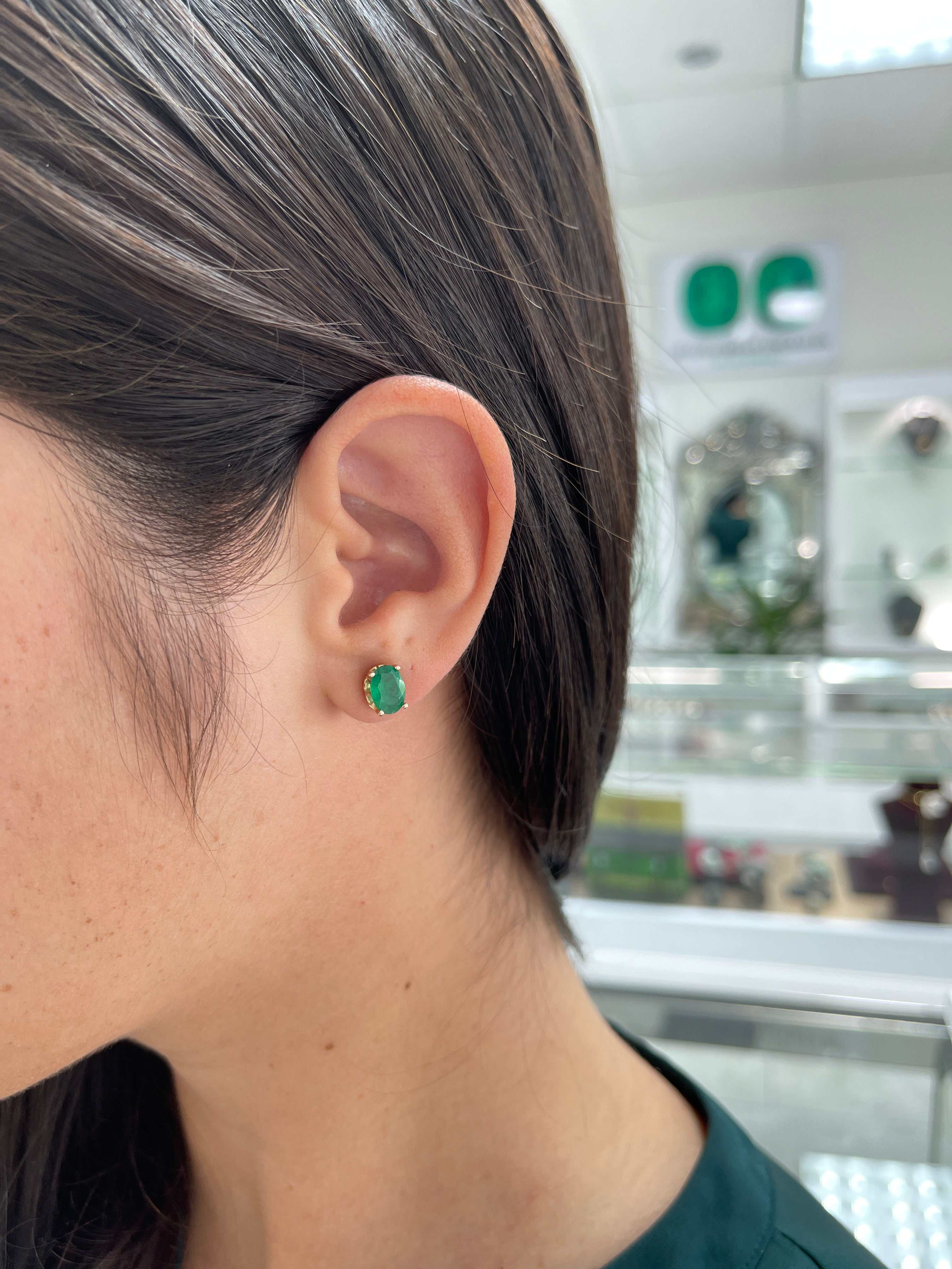 2.50tcw Oval Cut Dark Sea Green Emerald Earrings in 14K Gold - Fleur De Lis Design for Women, Gift for Anniversary, Wedding, or Special Occasion