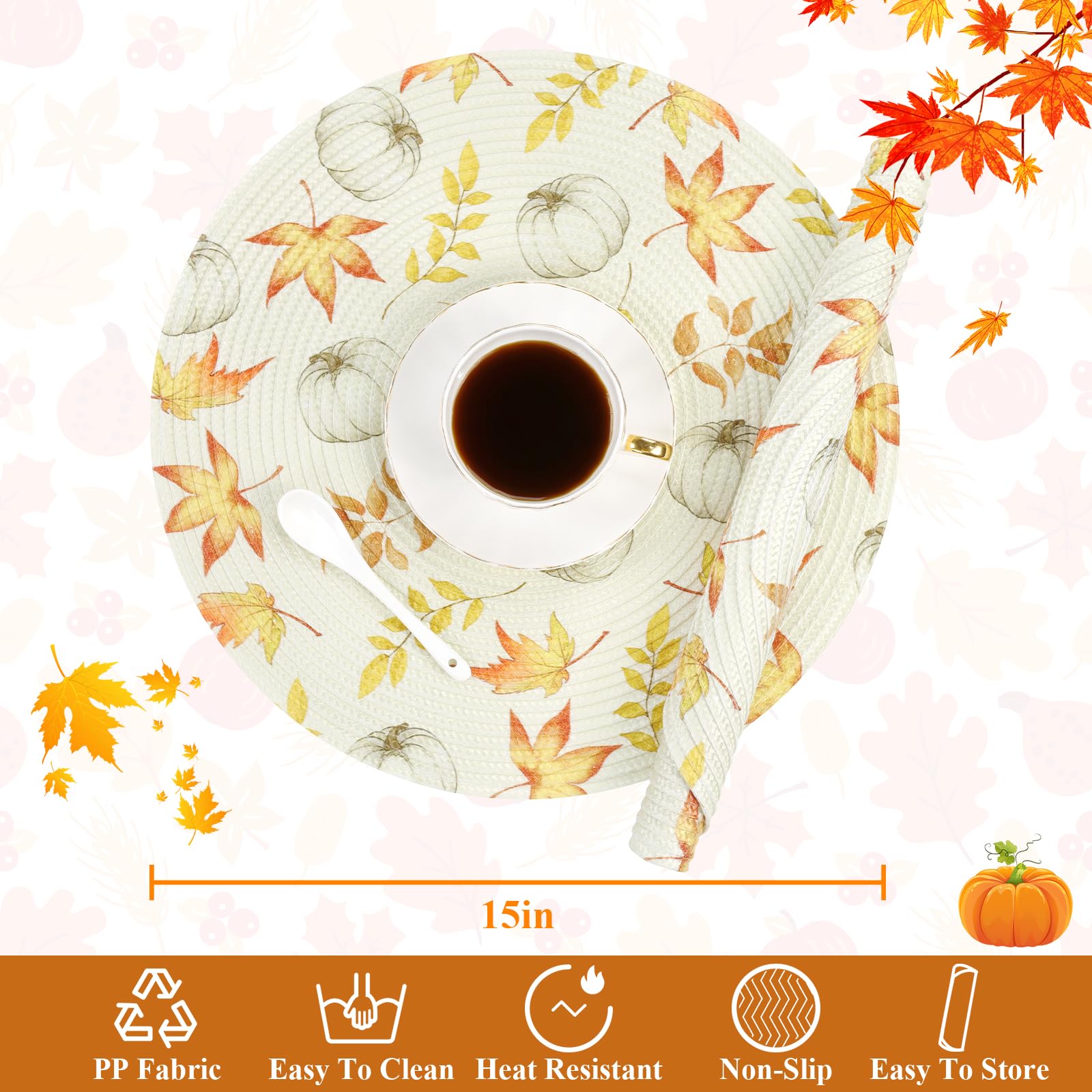 U'Artlines Fall Round Braided Placemats Set of 4 - 15 Inch Pumpkin & Leaves Design, Washable Woven Table Mats for Thanksgiving, Kitchen, Dining Table Decor | Perfect for Autumn Gatherings, Holiday Parties & Cozy Home Dining