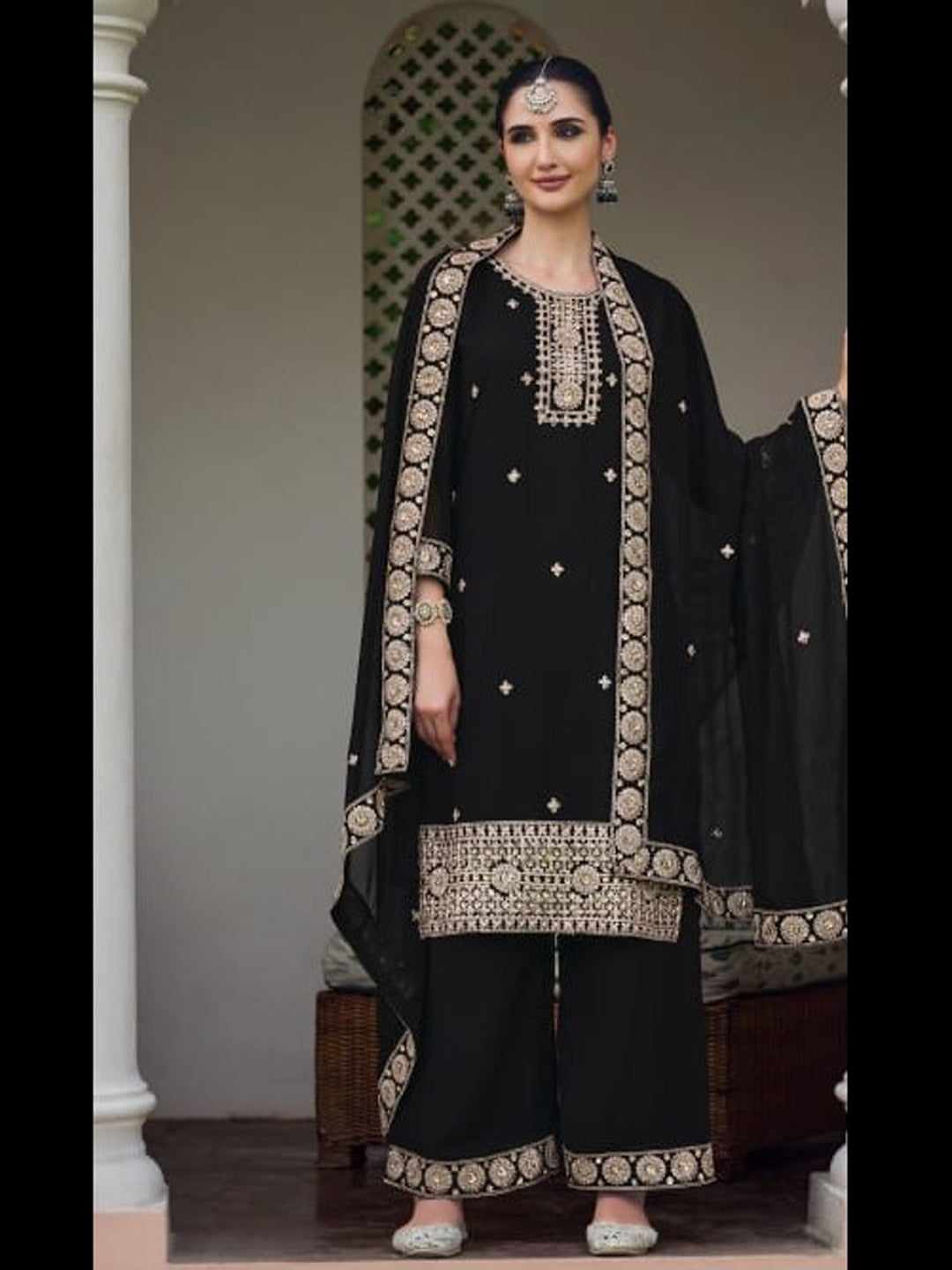 Elegant Black Designer Semi-Stitched Palazzo Suit with Embroidery & Sequins Work - Perfect for Weddings, Parties & Festive Occasions