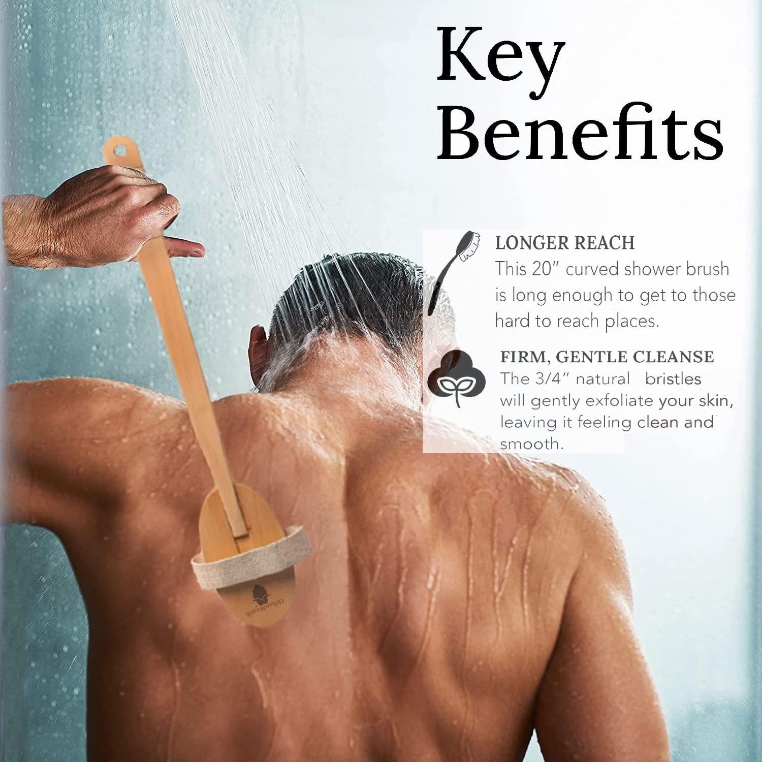 Long Handle Wooden Bath Brush for Men & Women - Natural Bristles, Detachable Back Scrubber for Dry Brushing & Exfoliation - Improves Blood Circulation, Reduces Cellulite - Perfect for Shower & Spa Use