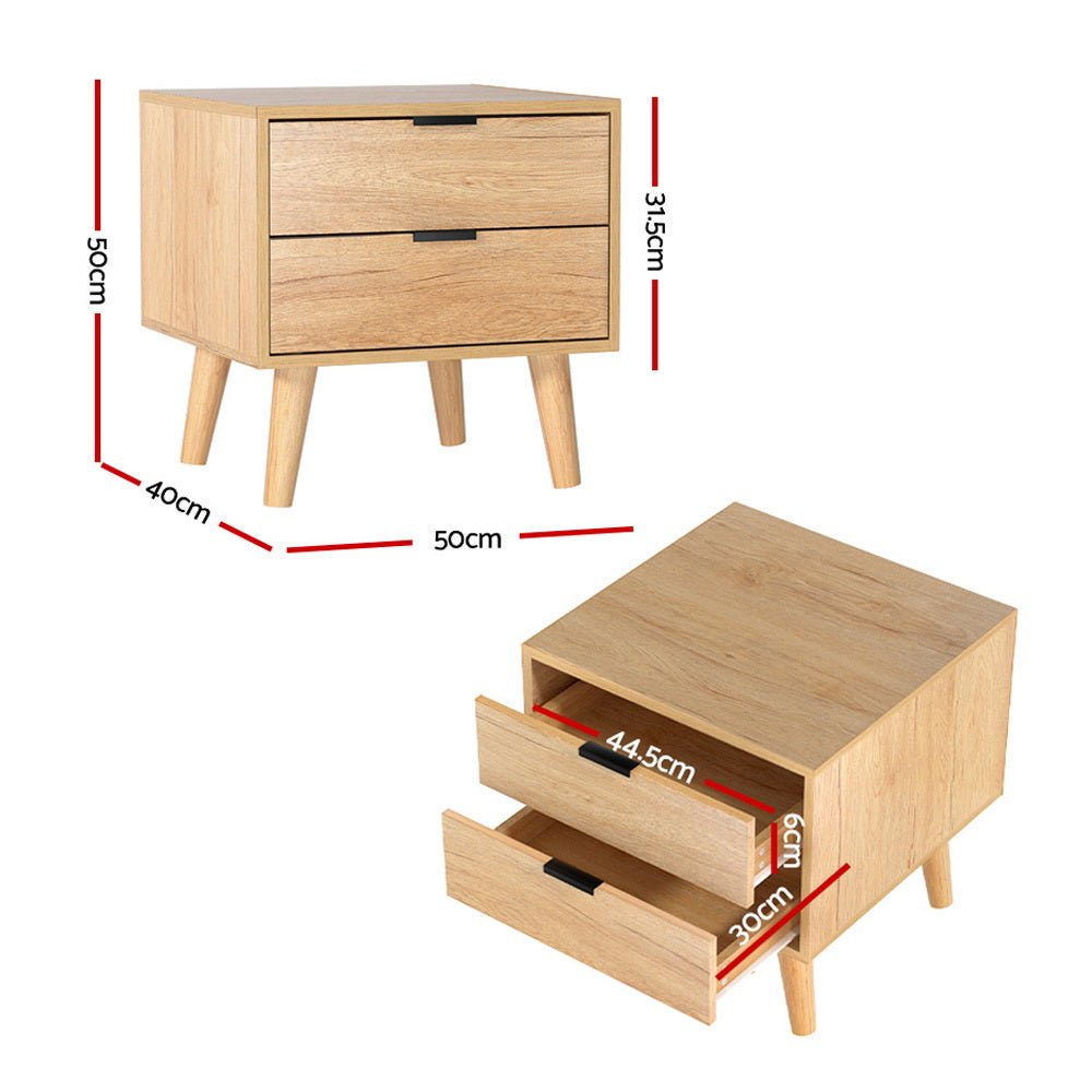2 Drawer Pine Bedside Table - Nightstand with Storage for Bedroom, Living Room, or Office - Natural Wood Finish