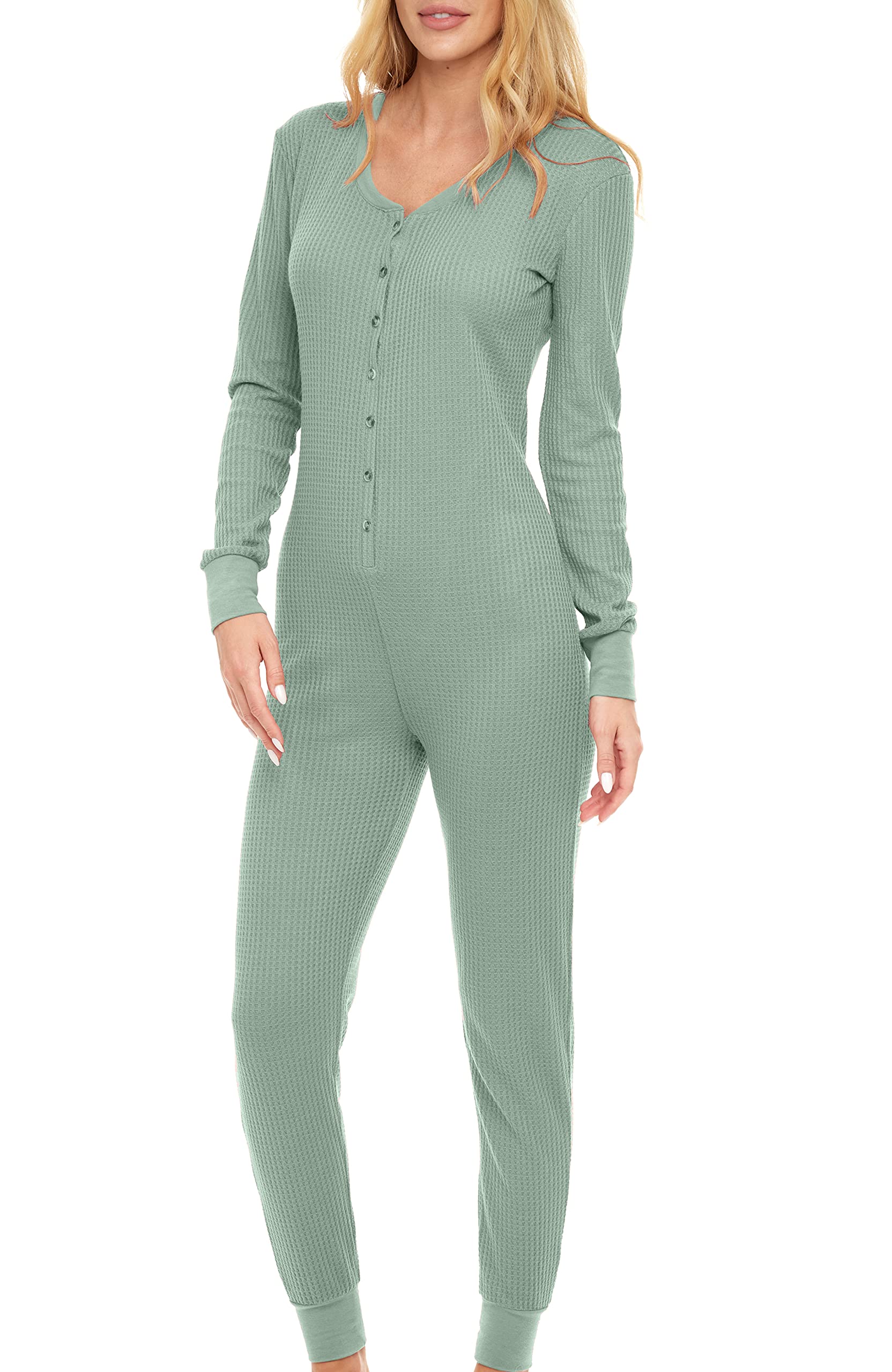 Alexander Del Rossa Women's Soft Ribbed Waffle Knit Button-Up Pajama Onesie - Cozy Jumpsuit Romper for Adults | Perfect for Lounging, Sleepwear & Winter Comfort