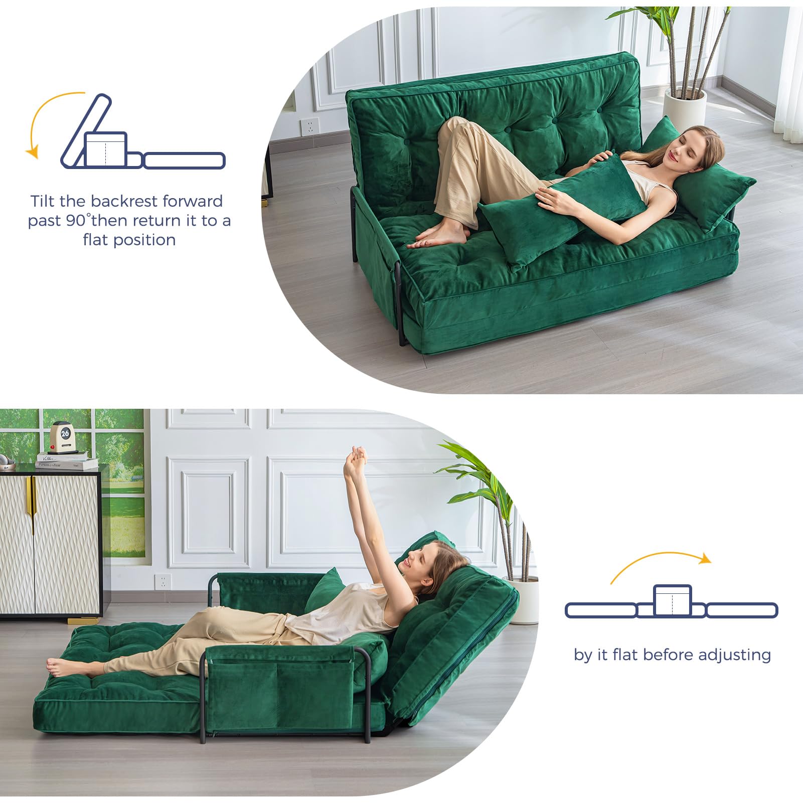 MAXYOYO Adjustable Floor Sofa Couch - Velvet Convertible Lazy Sofa Sleeper Bed with Pillows & Armrest, Double Size in Green | Perfect for Small Spaces, Living Rooms & Guest Beds