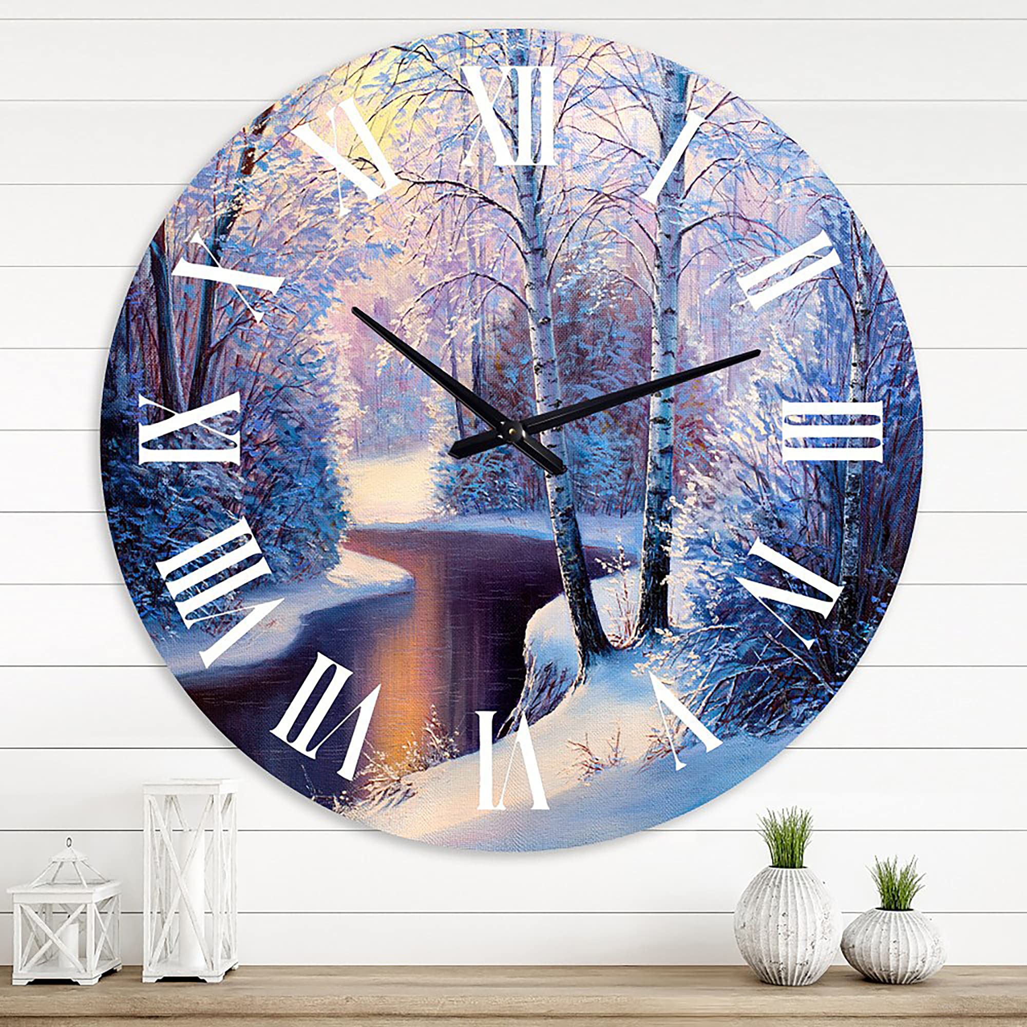 DesignQ Traditional Wall Clock - Christmas Forest with River and Trees Landscape Nature Large Wall Clock for Living Room Decor | Perfect for Holiday Home Décor, Office, Bedroom & Gift Giving