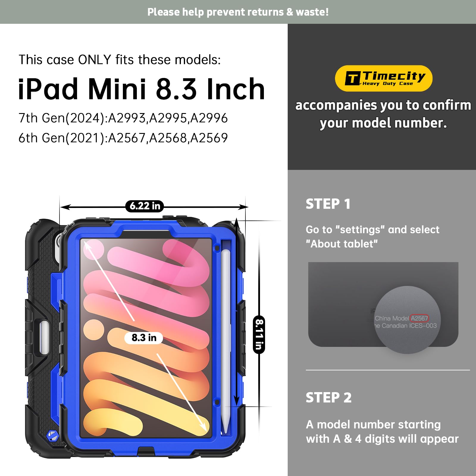 Timecity Protective Case for iPad Mini 7 (A17 Pro) 2024 & iPad Mini 6 2021 8.3 Inch - Shockproof Full-Body Cover with Built-in Screen Protector, Pencil Holder, Rotating Stand & Hand Strap - Perfect for Work, Travel and Daily Use - Dark Blue