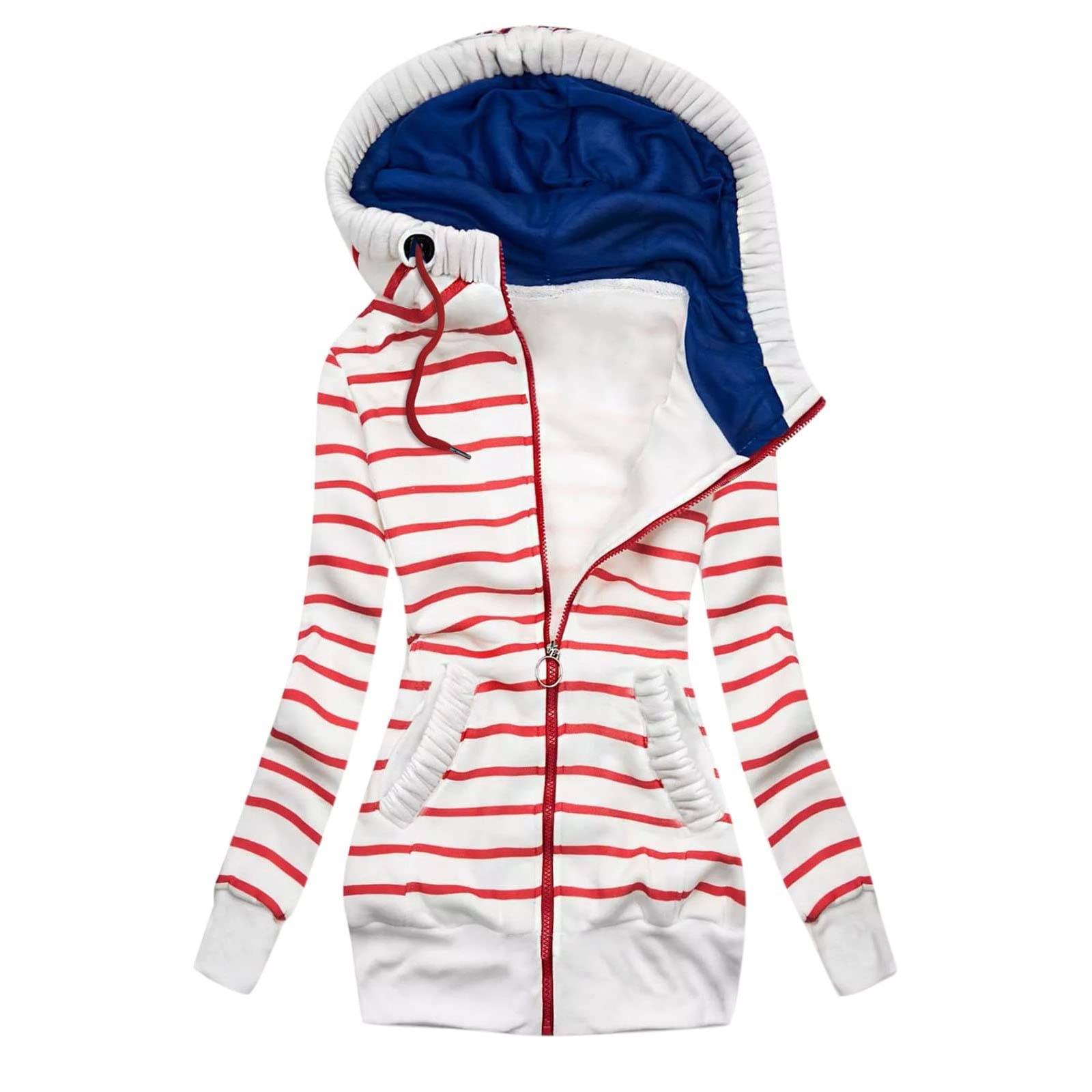 Women's Striped Fleece Hooded Zipper Jacket - Loose Fit Pullover Sweatshirt for Casual Wear & Outdoor Activities | Cozy Swing Top for Fall & Winter Fashion