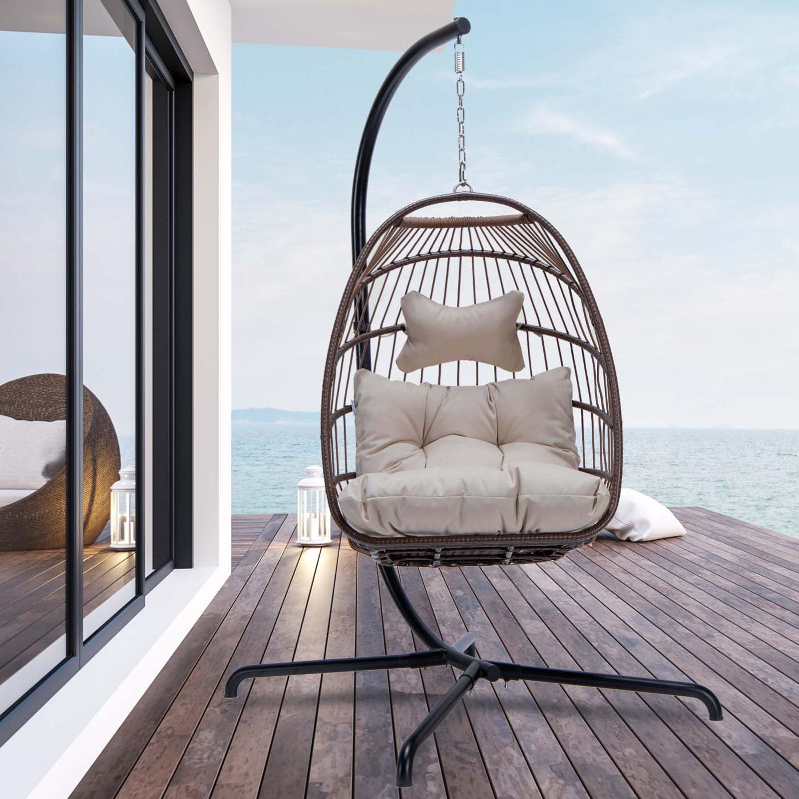 **NICESOUL Indoor/Outdoor Swing Egg Chair - Patio Wicker Hanging Chair with Stand, All-Weather Egg Hammock with Cushions, 350lb Capacity - Perfect for Backyard, Balcony, or Garden Relaxation (Brown)**