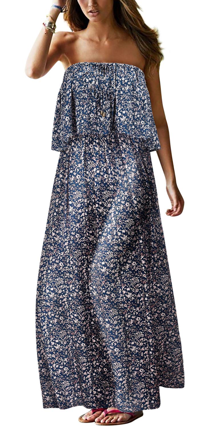 UIMLK Women's Strapless Maxi Dress - Floral Printed Boho Beach Dress for Summer Vacation, Long Flowy Dress for Pool Party, Wedding Guest, Tropical Getaway
