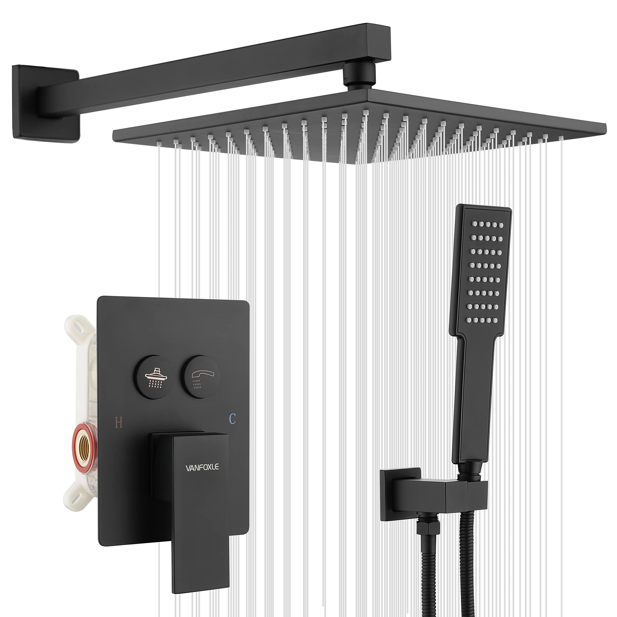 VANFOXLE Matte Black Shower System - 10 Inch Rainfall Shower Head with Push-Button Faucet Combo Set, Wall Mounted Bathroom Fixture for Modern Home & Spa Experience