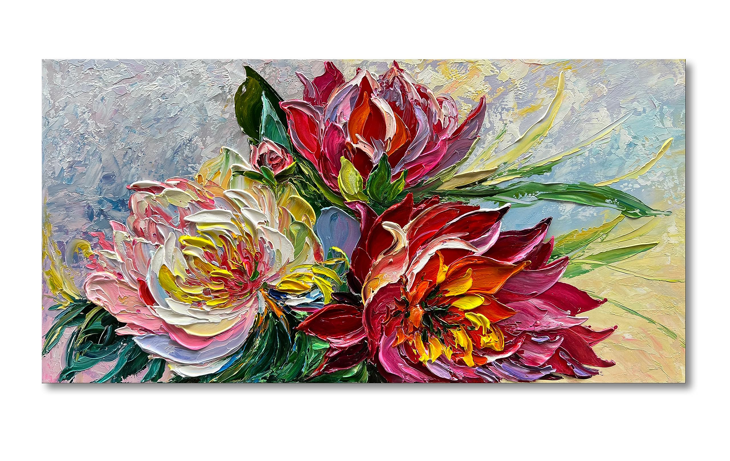 Hand Painted Red Flowers Abstract Oil Painting on Canvas 24x48 Inch - Thick Texture Wall Art Decor for Living Room, Bedroom & Office