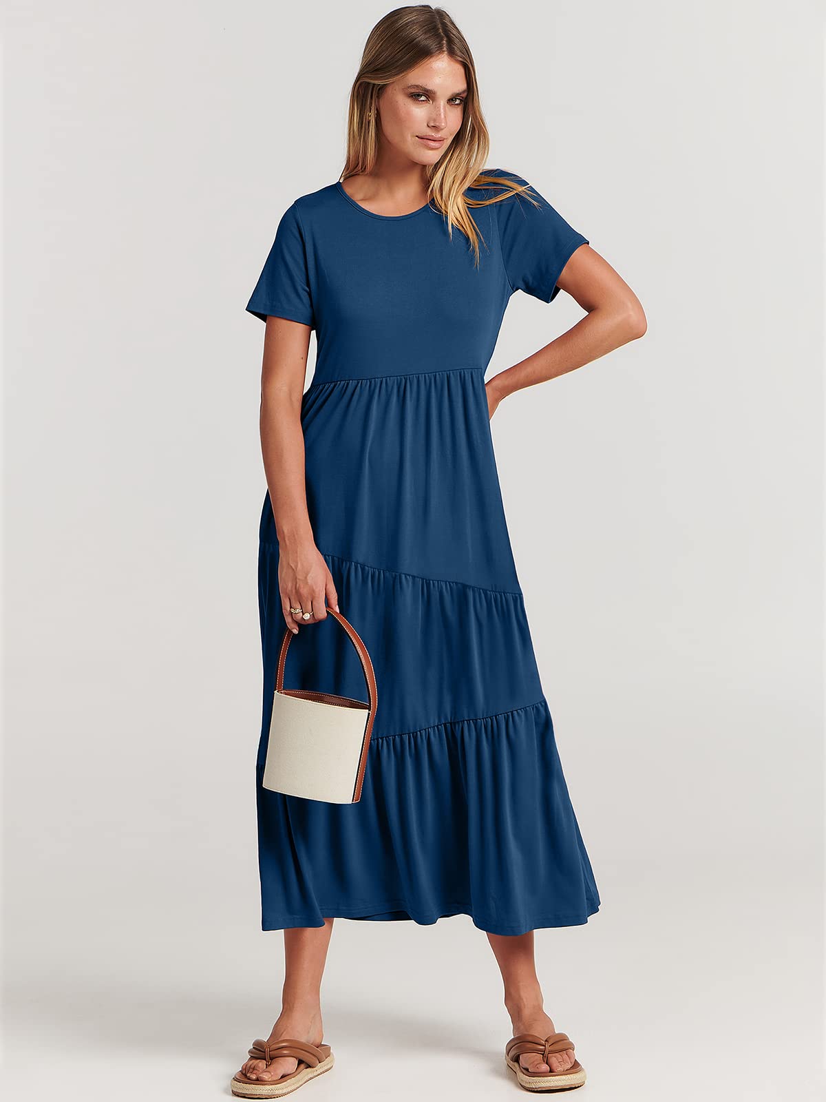 ANRABESS Women's Summer Maxi Dress - Short Sleeve Asymmetric Tiered Swing Dress for Casual Wear, Beach Vacation & Outdoor Activities | Flowy Long Sundress for Women