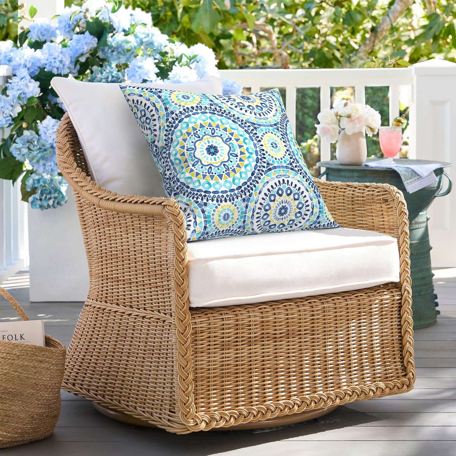 2 Pack Waterproof Outdoor Pillows 18x18 Inch - Square Decorative Throw Pillows for Patio Furniture, Sofa, Bench - All-Weather Cushion Covers with Inserts - Perfect for Backyard, Poolside & Garden Decor (Delancey Lagoon)