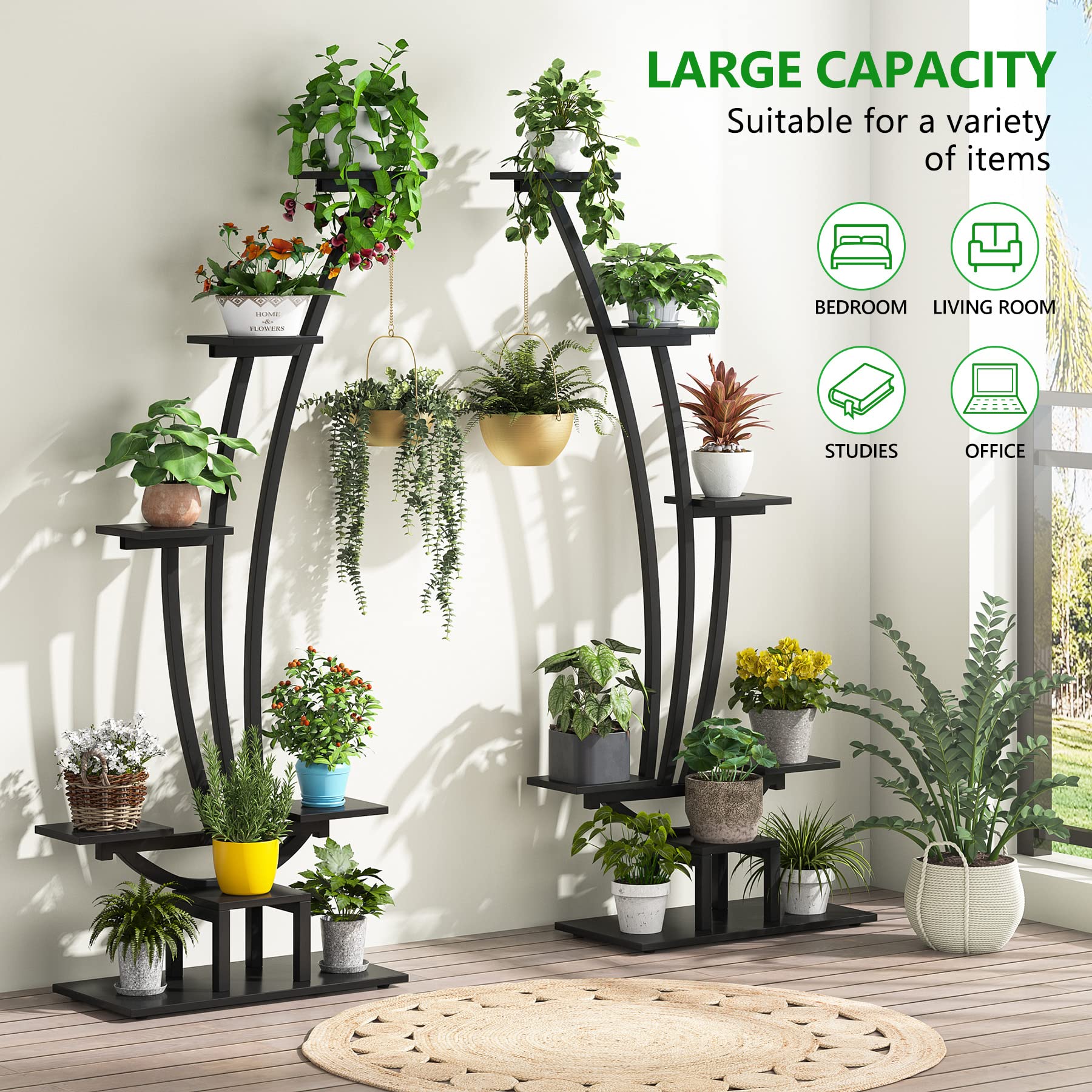 Tribesigns 6-Tier Tall Indoor Plant Stand - Set of 2 Black Metal Curved Display Shelves with Hanging Hooks - Multi-Purpose Bonsai & Flower Pot Rack for Living Room, Garden, Balcony Decor - Perfect for Small Space Plant Organization & Home Decor Display