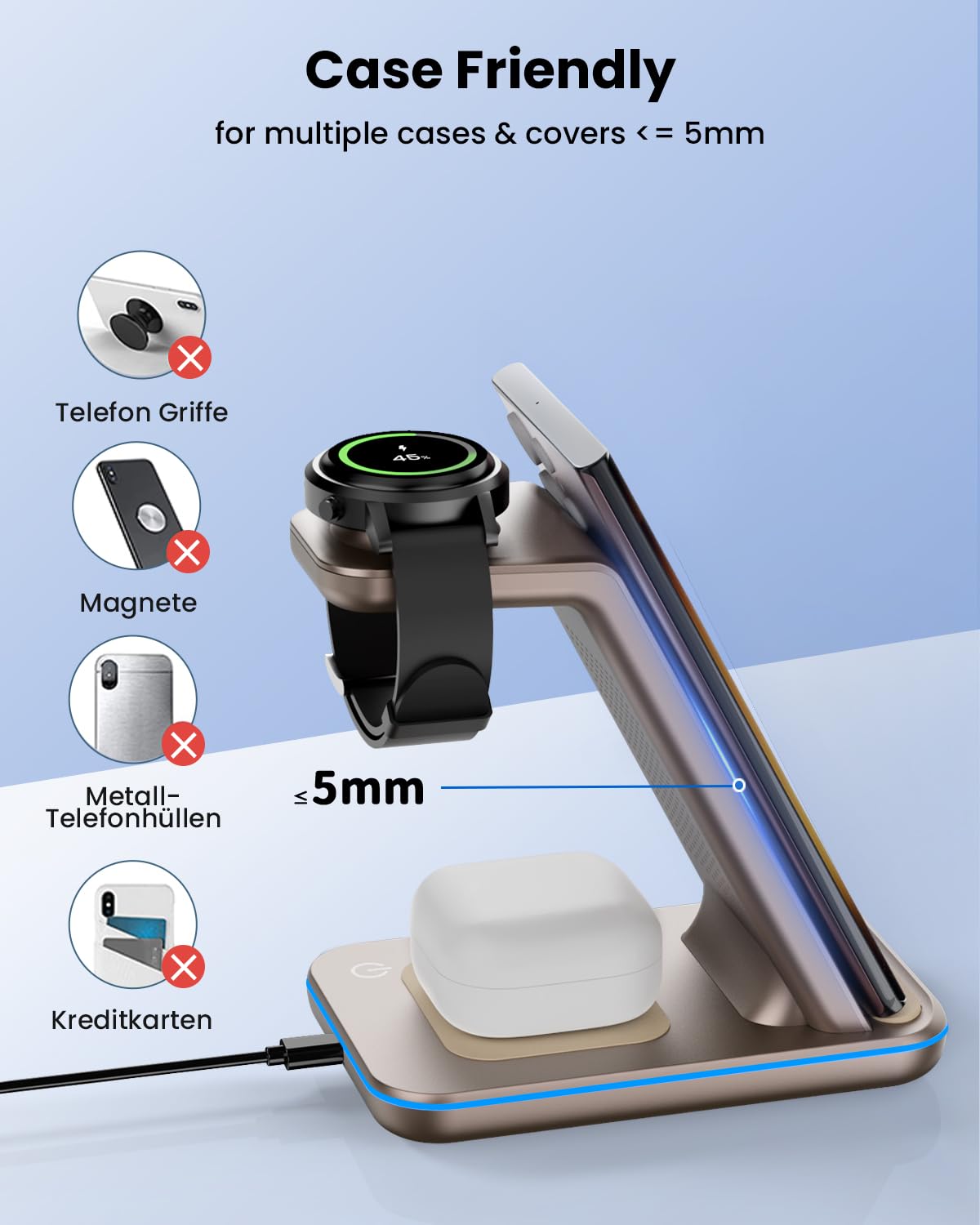 CIYOYO 3-in-1 Wireless Charging Station: 18W Fast Charger Stand for Samsung Galaxy S24/S23/S22/S21/S20/Z Flip/Fold 4, Watch 6/5/4/3 & Buds 2 Pro - Titanium Grey | Perfect for Home, Office & Travel Charging Needs