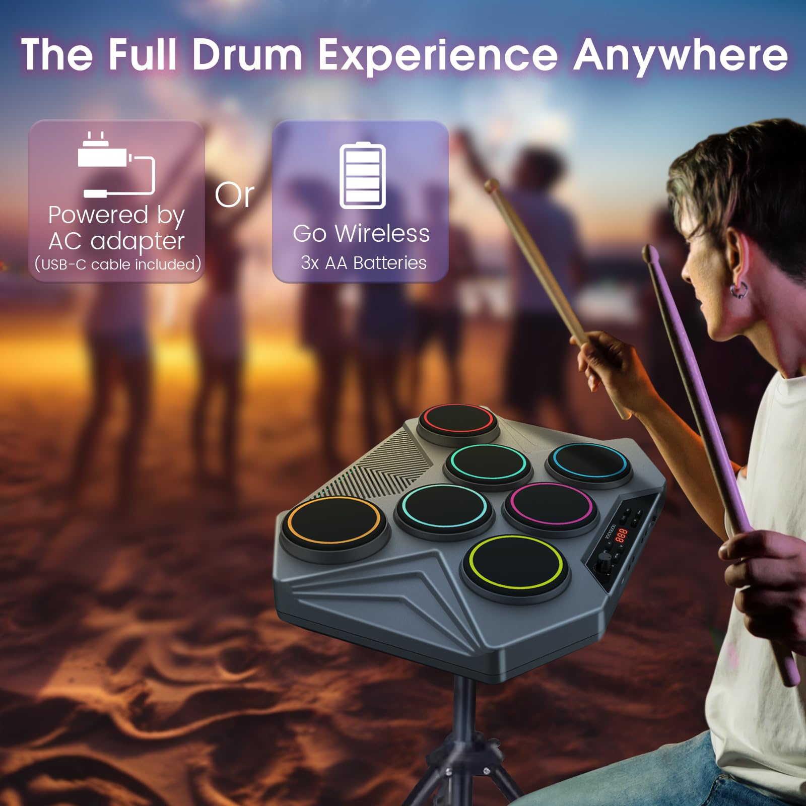 Electronic Tabletop Drum Set - Portable Digital Drum Kit with 7 Velocity-Sensitive Pads, LED Level Indicator, USB/MIDI Connectivity for Mac & PC - Perfect for Home Practice, Studio Recording & Beginners Learning Drums