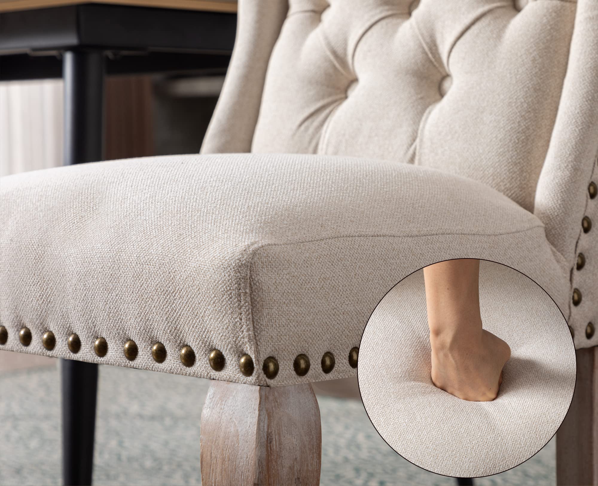 Farmhouse Upholstered Dining Chairs Set of 2 - Cream Tufted Fabric Accent Chairs with Wooden Legs for Kitchen, Dining Room, Living Room & Bedroom - Perfect for Farmhouse Decor, Family Gatherings and Cozy Home Dining