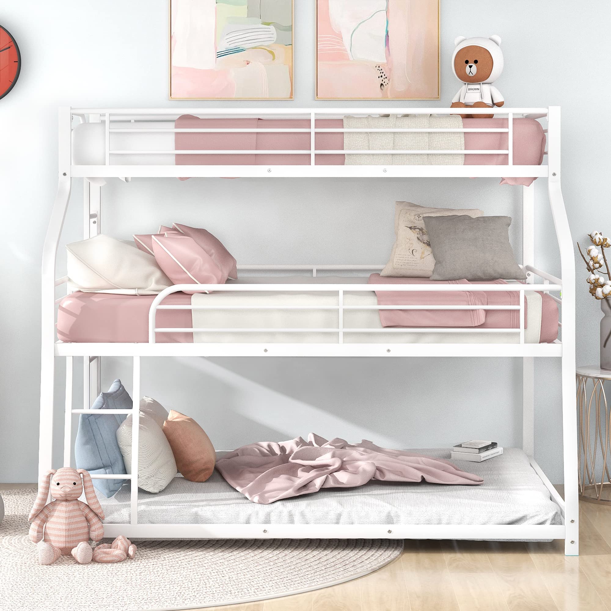 Sturdy Metal Triple Bunk Bed - Twin XL Over Full Over Queen Size for 3 Sleepers - Space-Saving Bunk Bed Frame with Safety Ladder & Guardrails - Ideal for Teens, Adults & Dorm Rooms (White Finish) - Perfect for Small Bedrooms, Vacation Homes & Shared Kids' Rooms