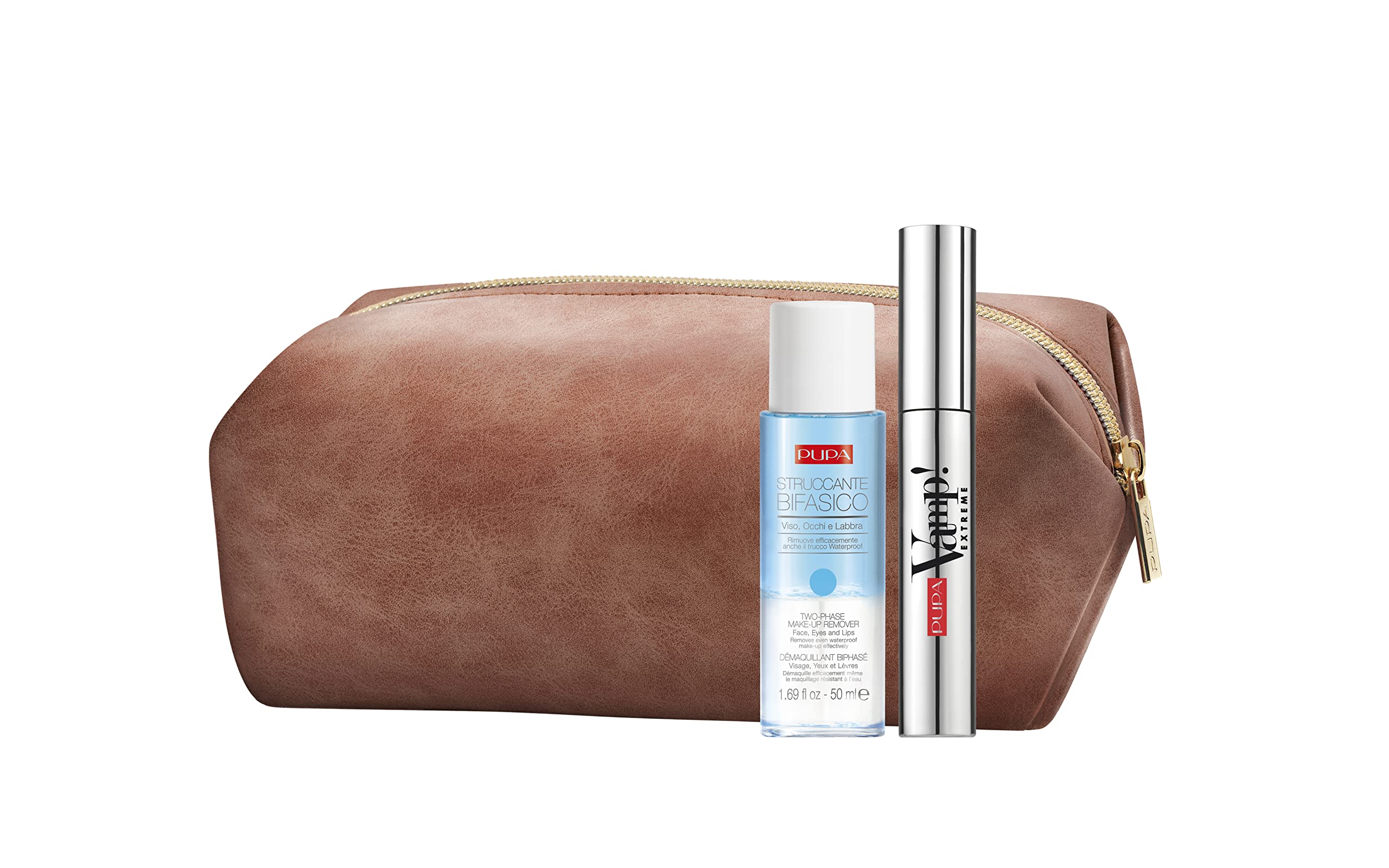 Pupa Milano Vamp! Extreme & Two-Phase Makeup Remover Set - 3 Piece Kit with Black Mascara (0.40oz), Makeup Remover (1.69oz) & Beauty Bag | Perfect for Travel & Night Out Makeup Removal