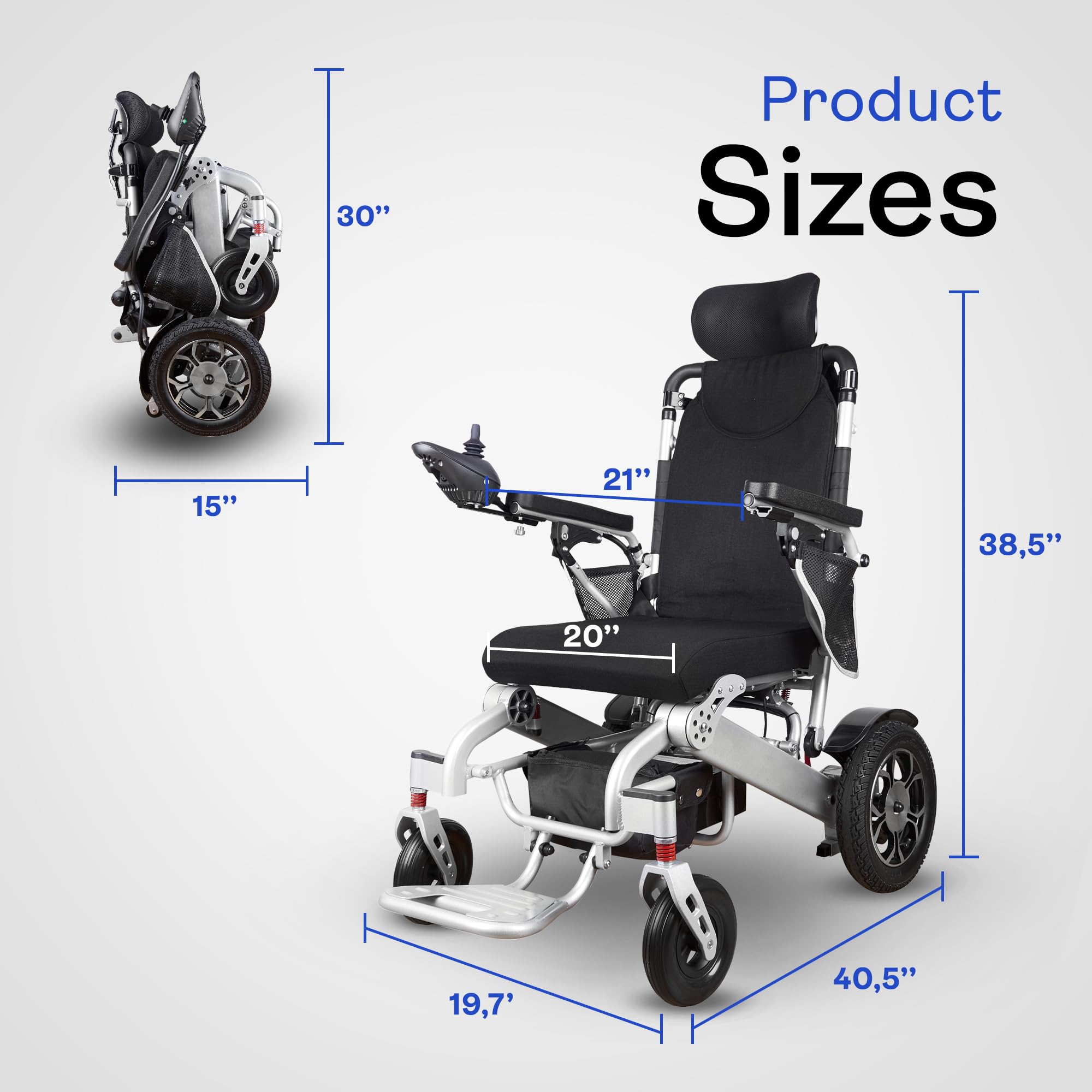 Shawk XL Lightweight Foldable Electric Wheelchair for Adults - 500W Motor, 330 lbs Weight Capacity, 13 Miles Range, Reclining Seat (Gray) - Perfect for Indoor/Outdoor Mobility, Travel & Daily Use