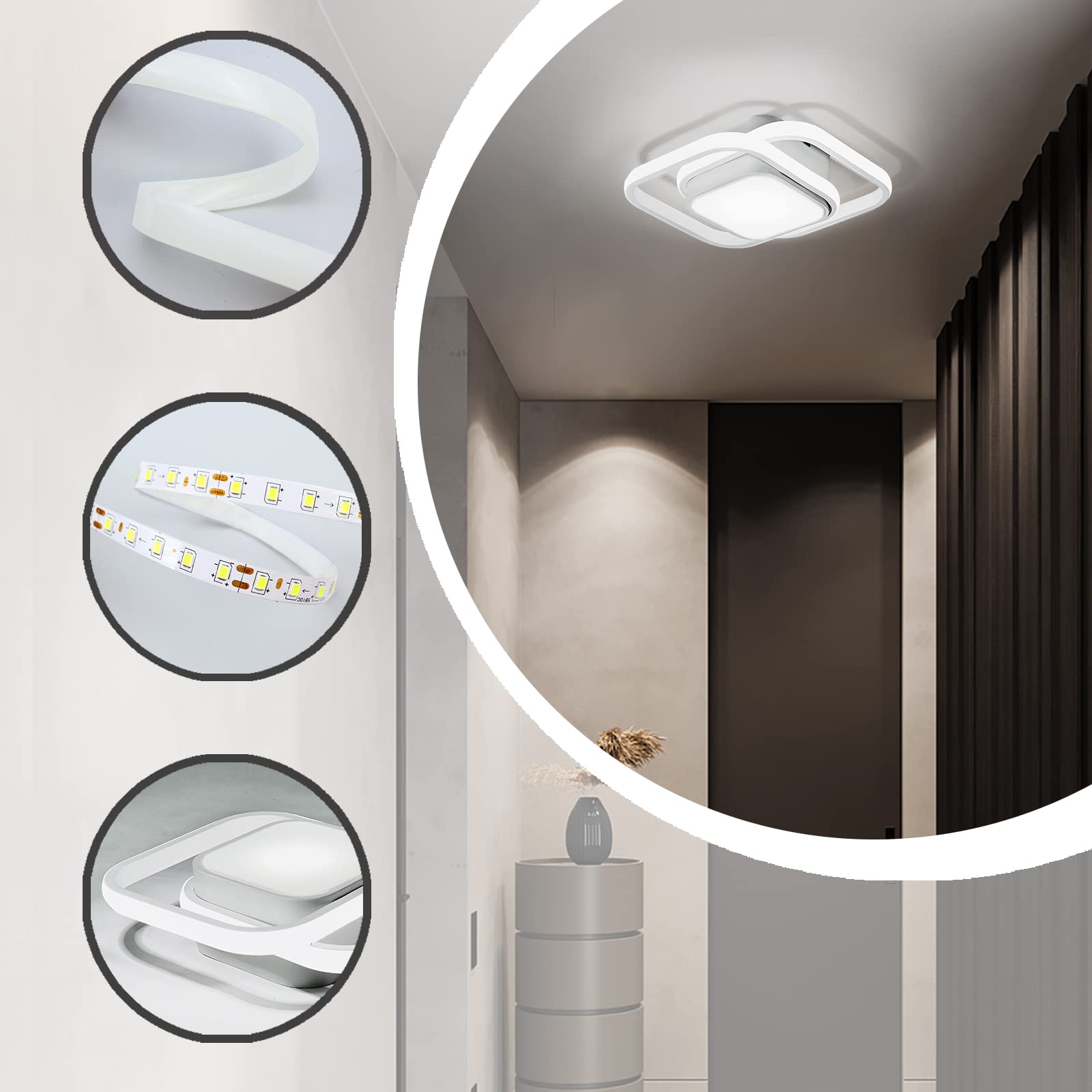 Modern Square LED Ceiling Light Fixture - CANEOE Small Cool White Hallway Light for Bedroom, Kitchen, Living Room, Study & Corridor | Energy-Efficient Indoor Lighting for Homes & Offices (White)
