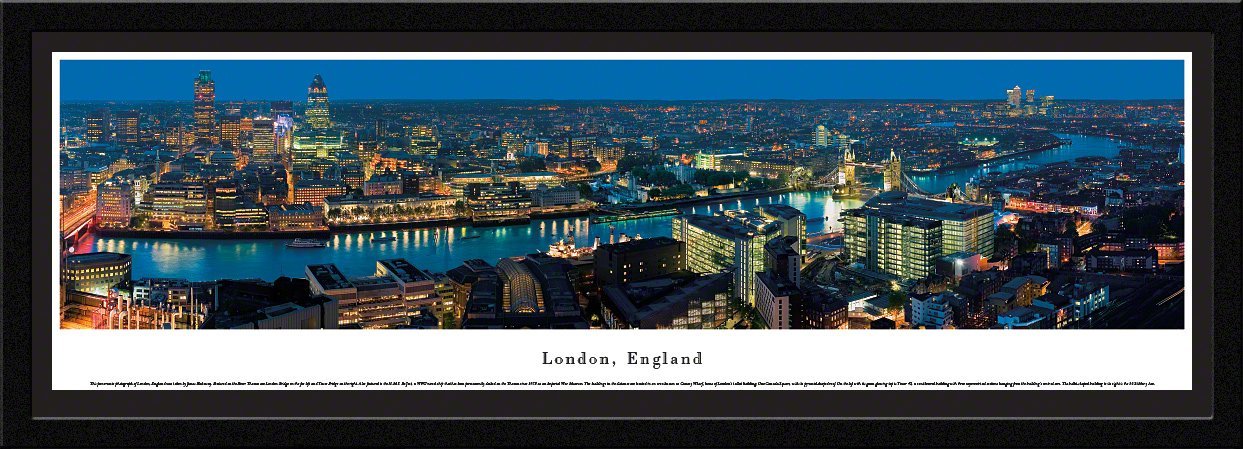 London England Twilight Skyline Panoramic Poster - Premium Framed Wall Art with Single Mat for Home & Office Decor