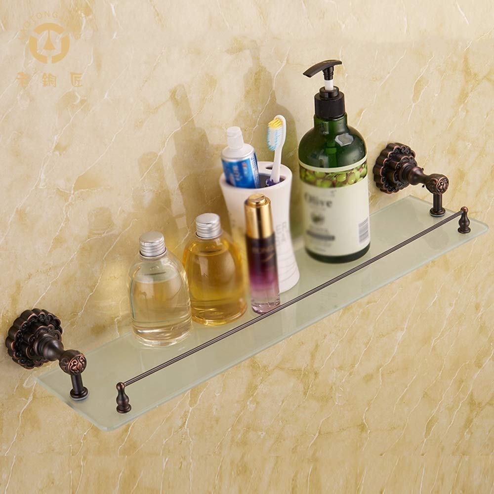 Antique Black Copper Carved Base Floating Shelves - 55CM Tempered Glass Wall Mounted Bathroom Shelf for Toilet, Makeup Storage & Organizer - Perfect for Small Space Decor, Vanity Organization and Bathroom Storage Solutions