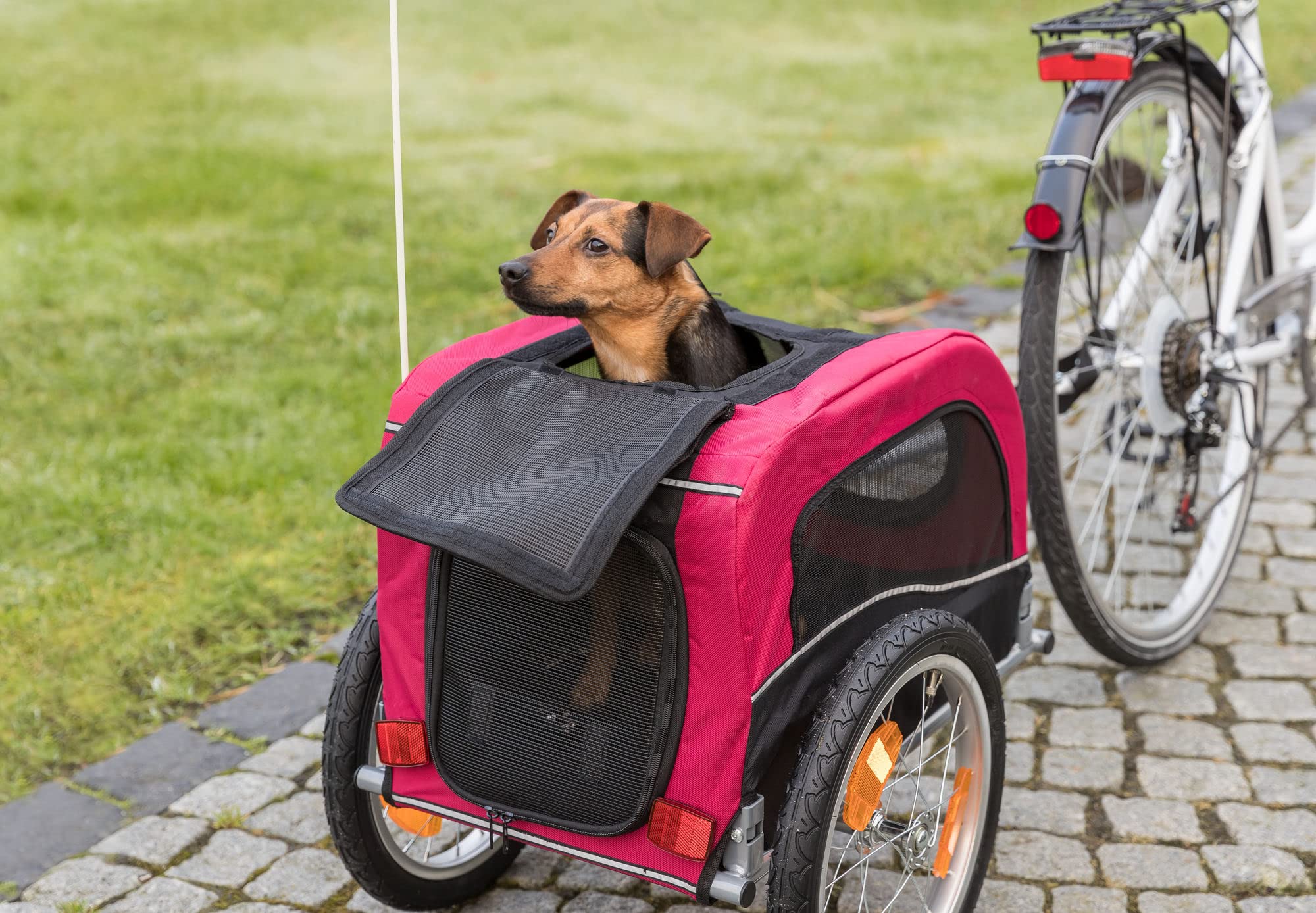 TRIXIE Dog Bike Trailer for Small Dogs up to 33 lbs - Quick Setup & Foldable Pet Carrier for Bicycles - Red - Perfect for Cycling Adventures & Outdoor Travel with Your Pet