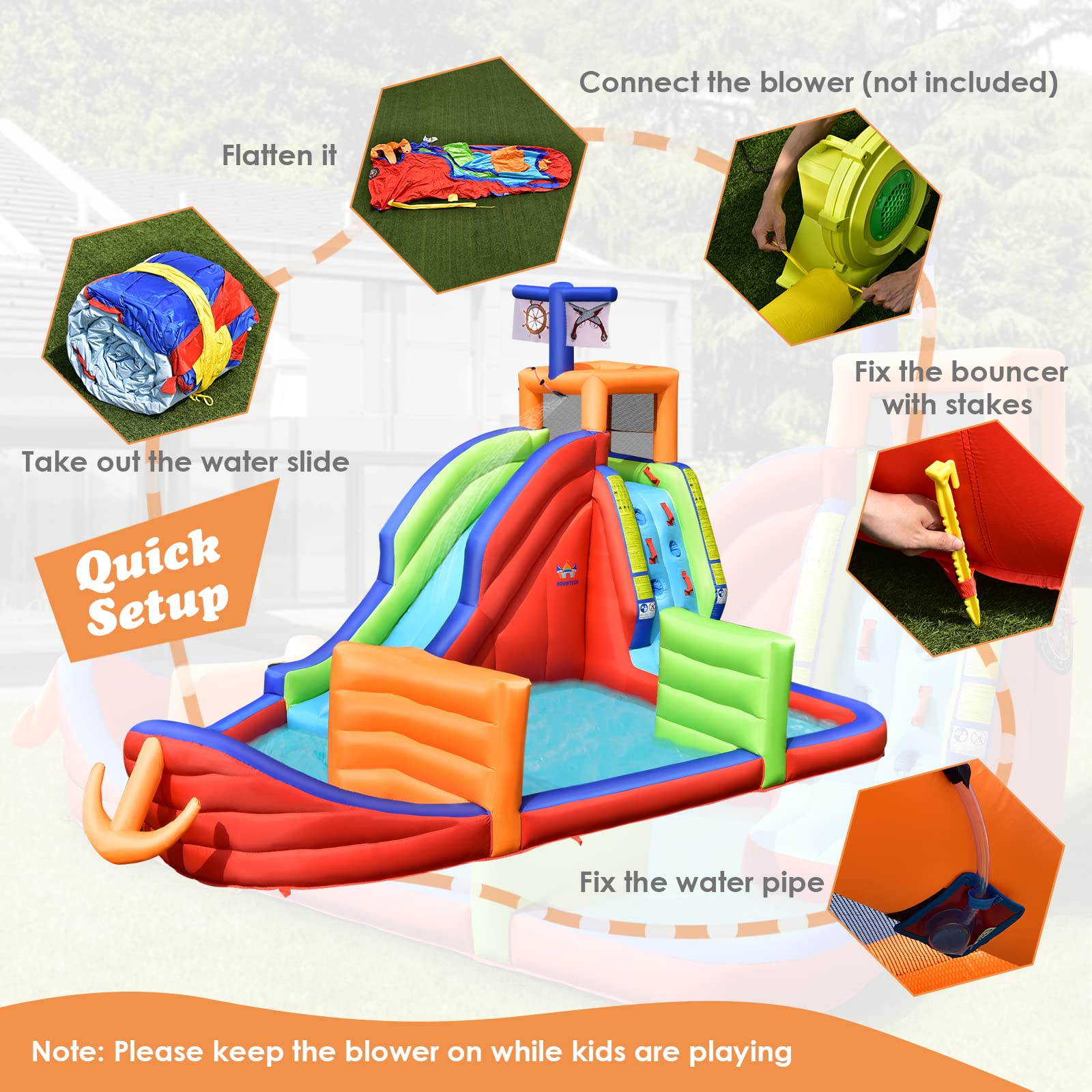 BOUNTECH Inflatable Water Slide - Pirate Ship Theme Backyard Water Park for Kids & Adults with 735W Blower, Splash Pool & Dart Game | Perfect for Birthday Parties, Summer Fun, and Outdoor Family Gatherings