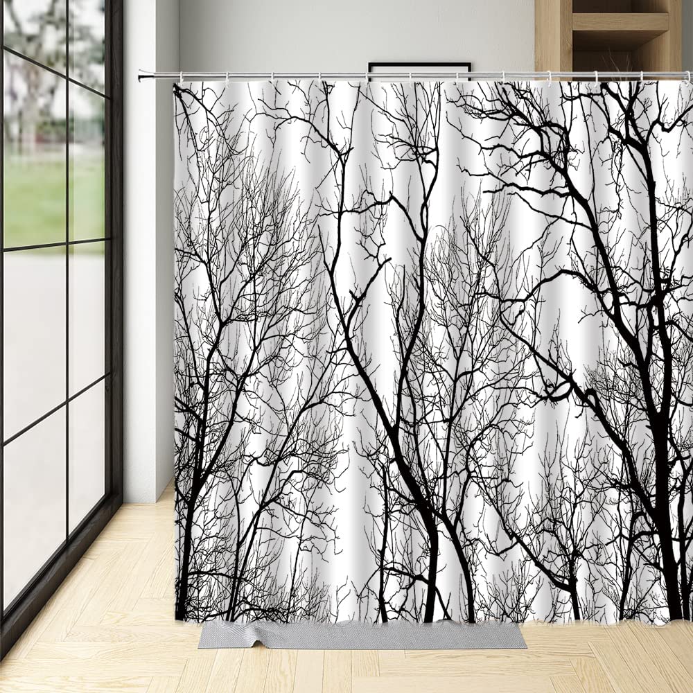 Black and White Forest Shower Curtain - Gothic Horror Woods Abstract Design, Rustic Tree & Leafless Branches Themed Polyester Fabric Bath Curtain (60x80 Inch) - Perfect for Halloween, Fall & Winter Decor, Nature-Inspired Bathroom Aesthetics