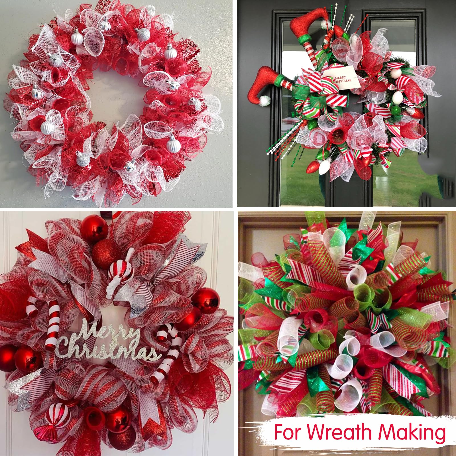 TONIFUL 4 Rolls 10 Inch Red and White Decorative Mesh Ribbon - 30ft per Roll (120ft Total) for Wreath Making, Front Door Decor, Christmas Tree, New Year, Valentine's Day, Halloween Crafts, Party & Gift Wrapping