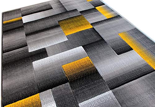 Modern Contemporary Boxes Area Rug in Yellow, Grey & Black - 8x10 Feet Soft Non-Slip Living Room Rug for Bedroom, Office & Home Decor