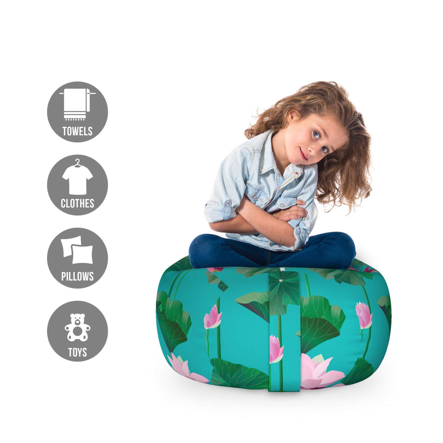 Ambesonne Blue and Pink Storage Toy Bag Chair with Lotus Flower Design - Washable Stuffed Animal Organizer for Kids Room - Small Size Green & Pale Pink - Perfect for Toy Storage, Reading Nook & Playroom Organization