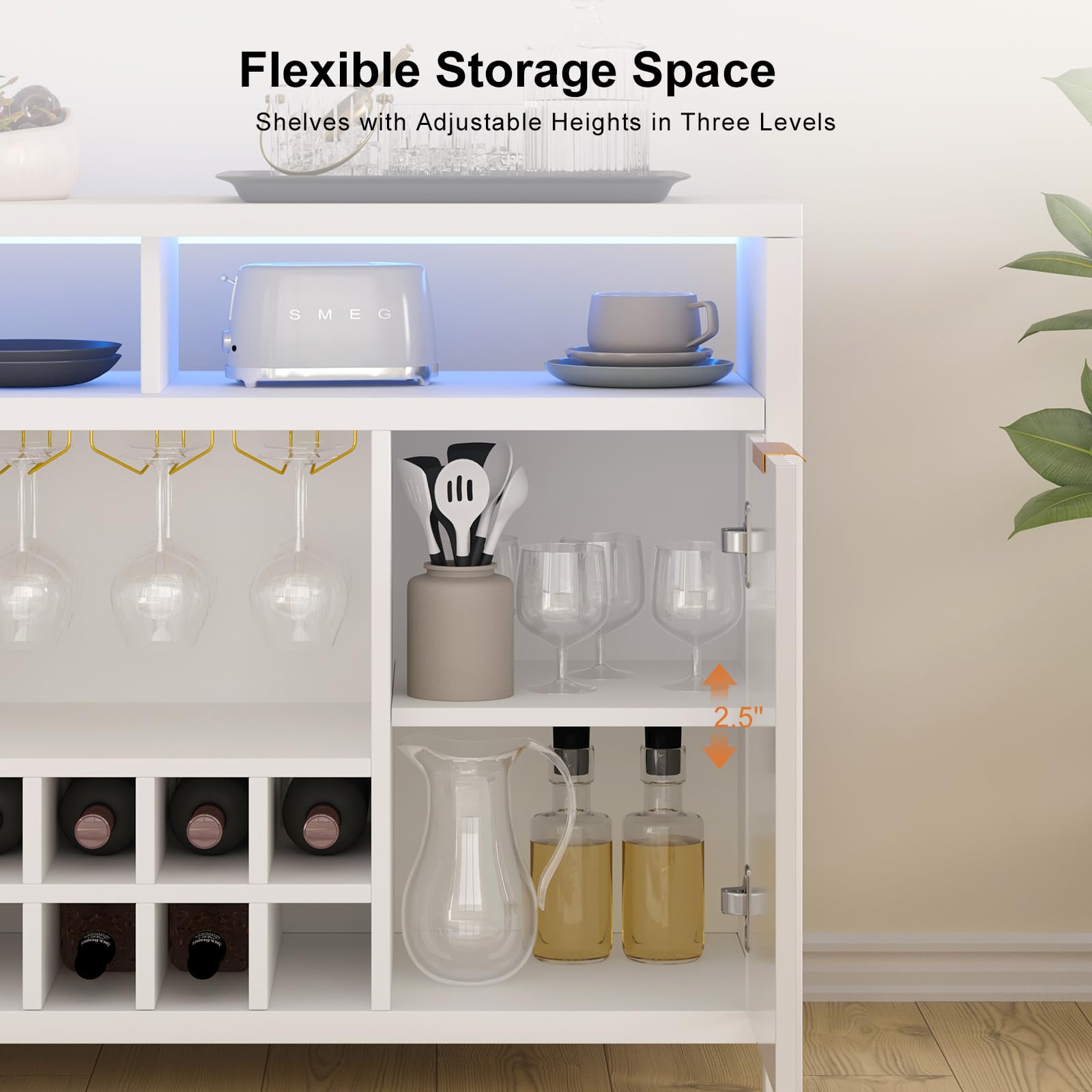 Modern White Fluted Home Bar Wine Cabinet with LED Lights & USB Charging Station - 47.2