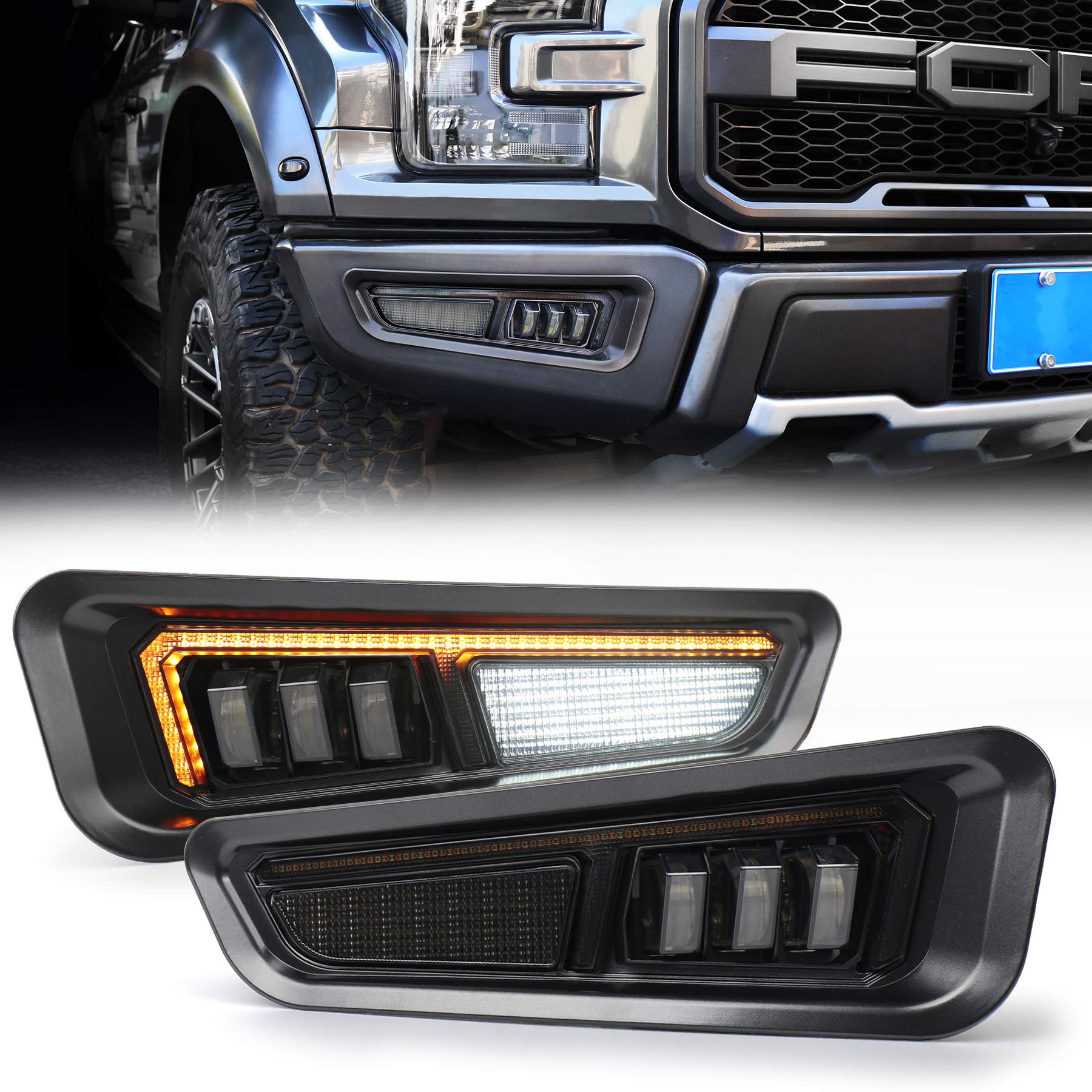 Raptor LED Fog Lights with Sequential Amber Turn Signal & DRL - Compatible with 2017-2020 Ford F-150 Raptor (Gen 2) - Off-Road Bumper Driving Lights for Enhanced Visibility & Style