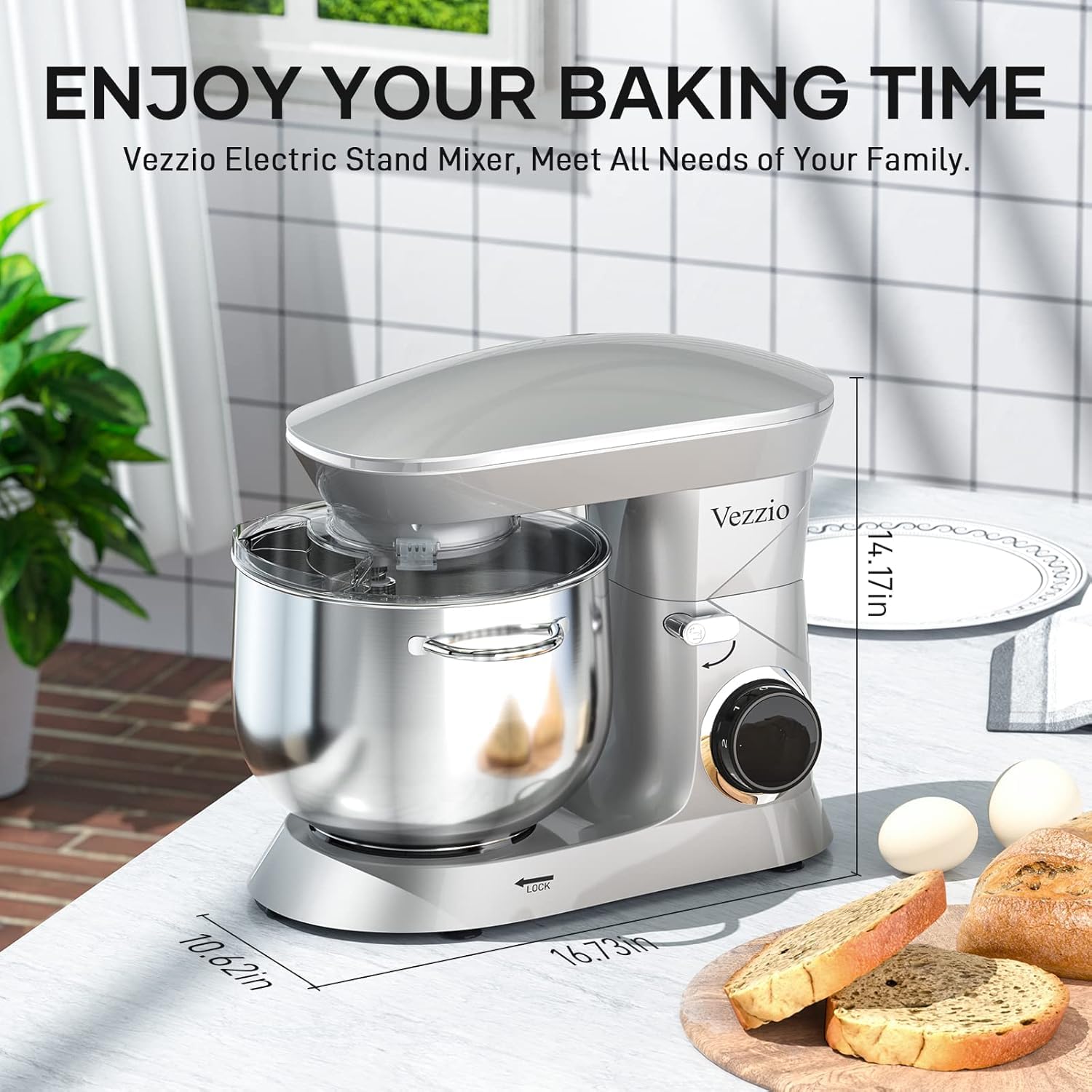 Vezzio 660W 10-Speed Tilt-Head Stand Mixer with 9.5 Qt Stainless Steel Bowl - Dishwasher-Safe Attachments for Baking, Whipping & Kneading - Perfect for Home Bakers & Cooking Enthusiasts (Silver)