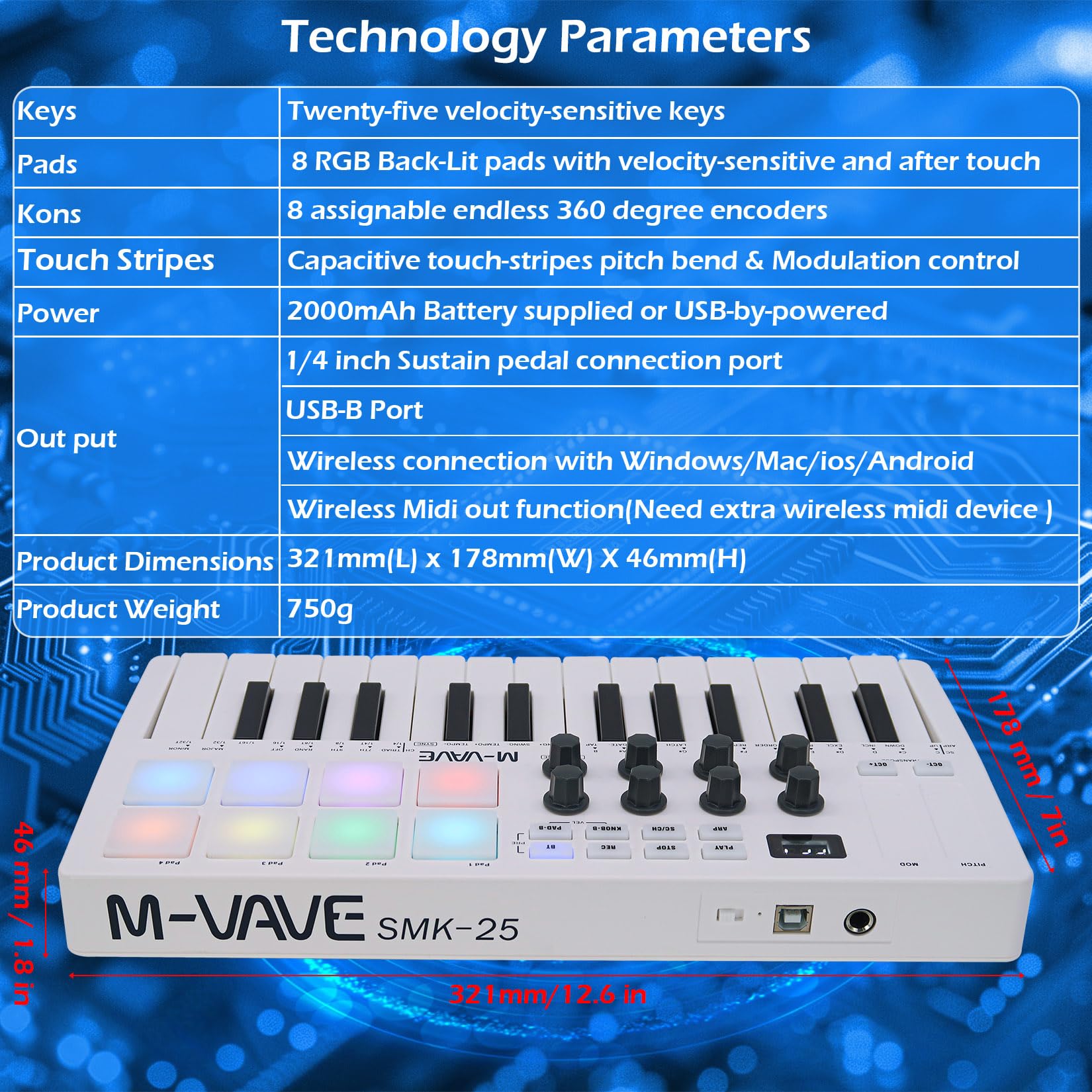 25-Key Backlit MIDI Keyboard with 8 Drum Pads - Wireless Beat Maker & Keytar for Music Production | Built-in Battery, White | Perfect for Studio Recording & Live Performances
