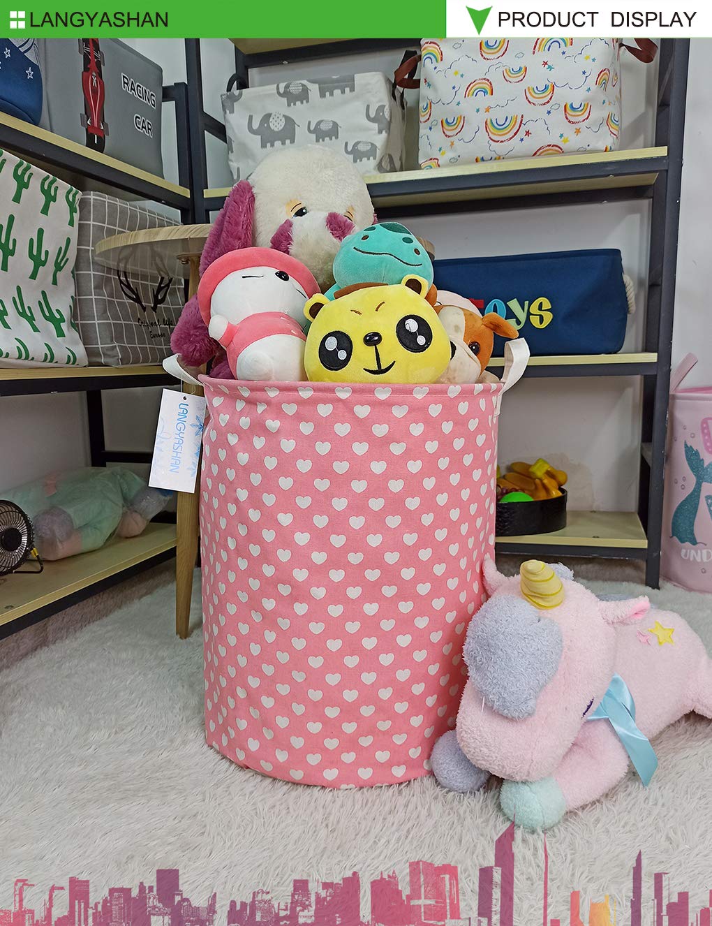 Collapsible Canvas Laundry Basket with Handles - Foldable Storage Bin for Clothes, Toys, and Organizing - Perfect for Nursery, Bedroom, and Kids Room - Pink Heart Design (Great for Laundry, Storage & Gift Giving)