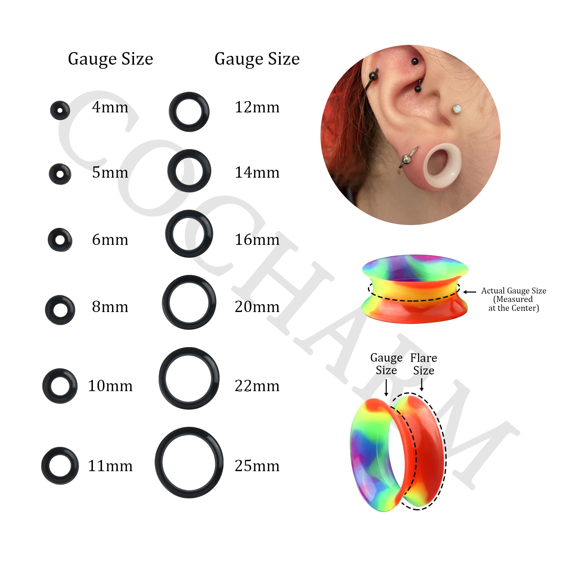 Cocharm 20 PCS Thin Silicone Ear Gauges - Flexible Double Flared Tunnel Ear Plugs for Stretching & Body Jewelry - Perfect for Daily Wear, Parties & Alternative Fashion