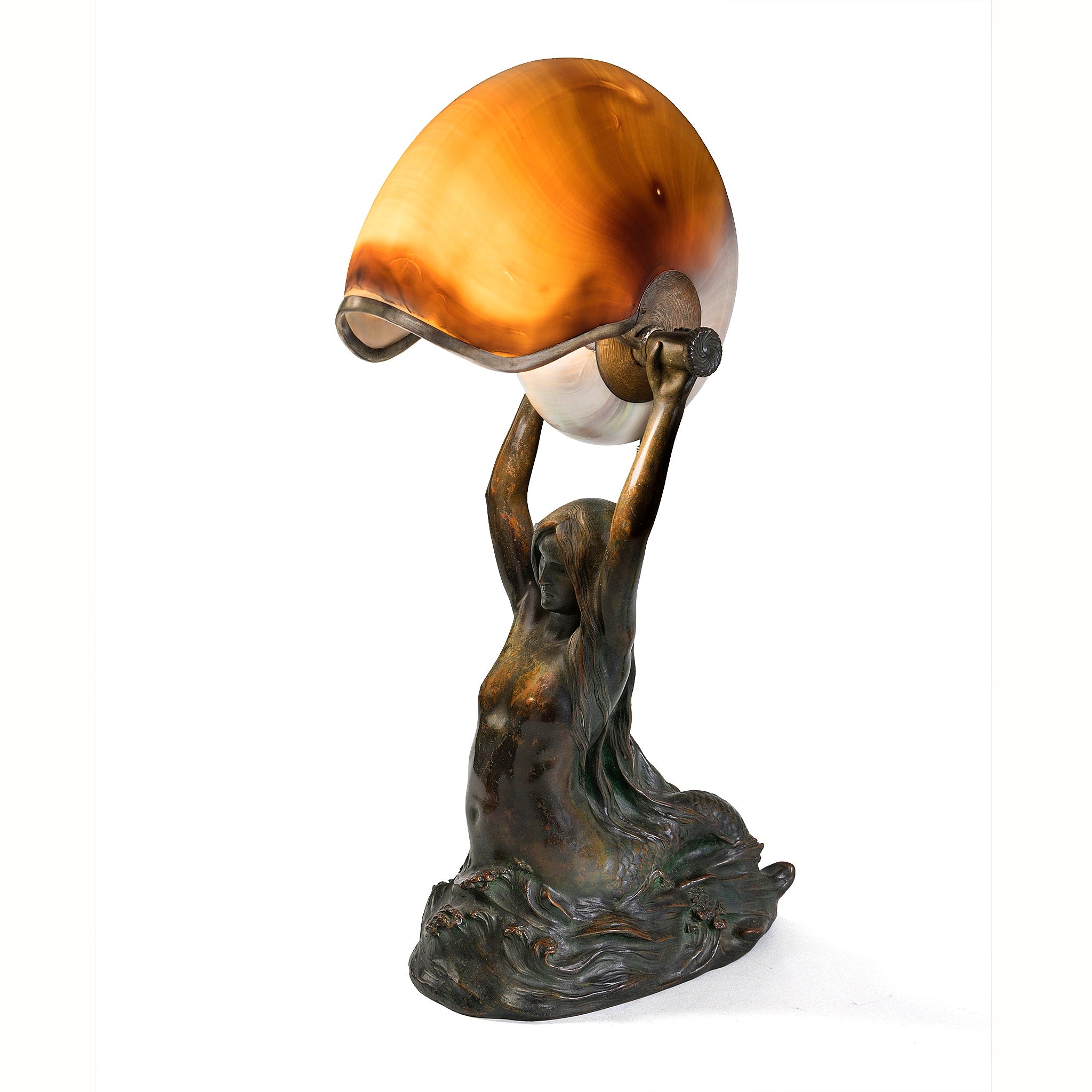 Tiffany Studios New York Nautilus Table Lamp With Mermaid Base - Handcrafted Stained Glass Lamp for Home Decor, Living Room, Bedroom Lighting