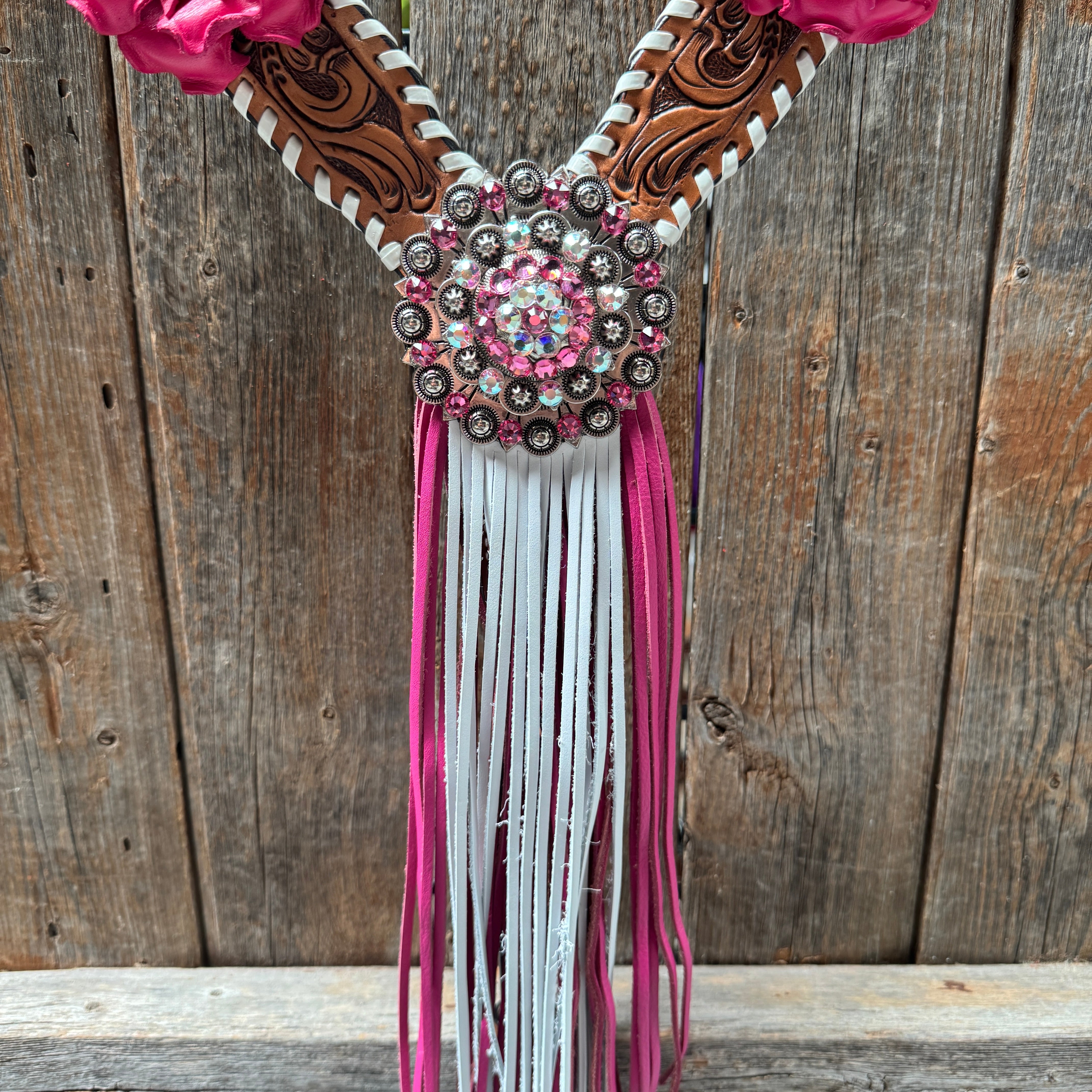 Pink and White Light Oil Whipstitch One Ear & Breastcollar Horse Tack Set #OEBC437 - Perfect for Western Riding, Shows, and Trail Competitions