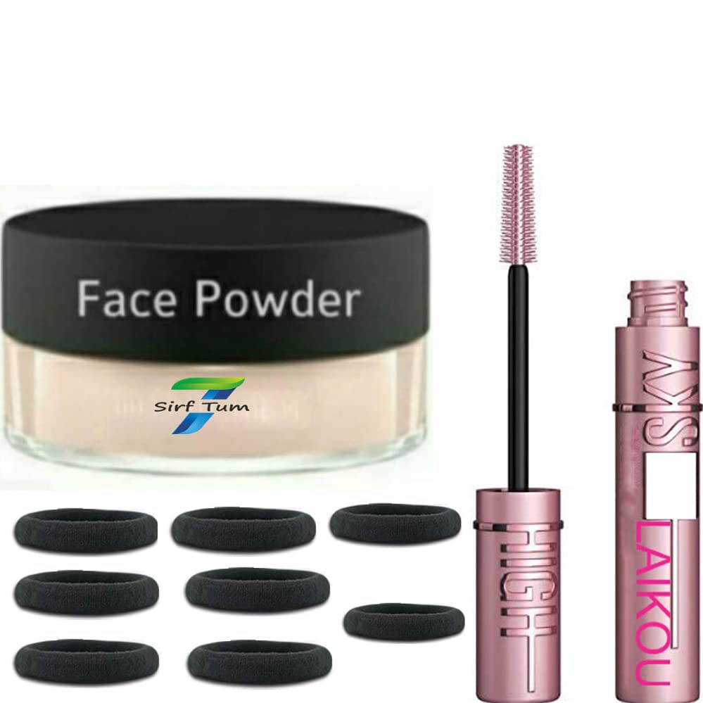Natural Look Sky High Volume Up Mascara - Easy Curling Lash Sensational Waterproof Mascara & Loose Powder Compact Face Band (Pack of 9) - Perfect for Everyday Makeup, Parties, and Special Occasions