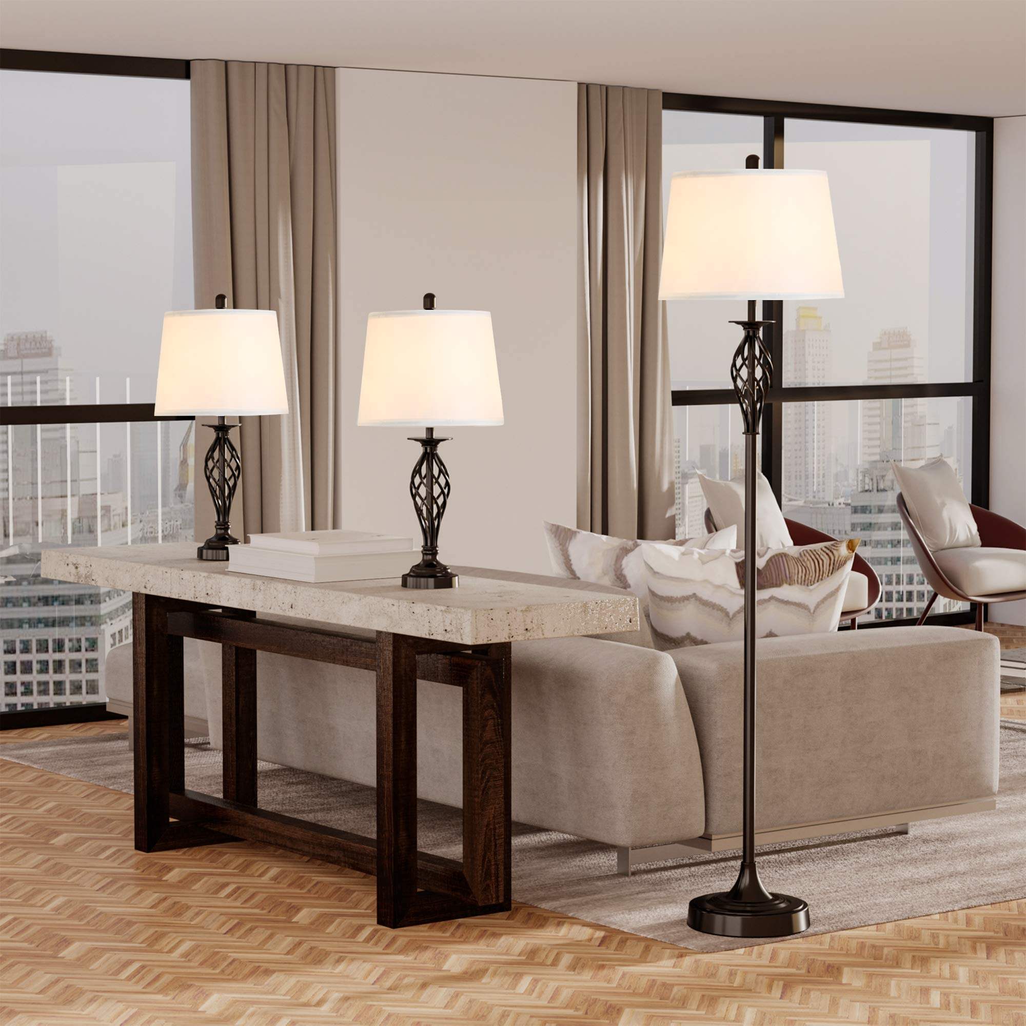 HOMCOM 3-Piece Modern Table & Floor Lamp Set - Metal Pole, Round Base, Fabric Lampshade - Black/White Lighting for Living Room, Bedroom & Office Decor
