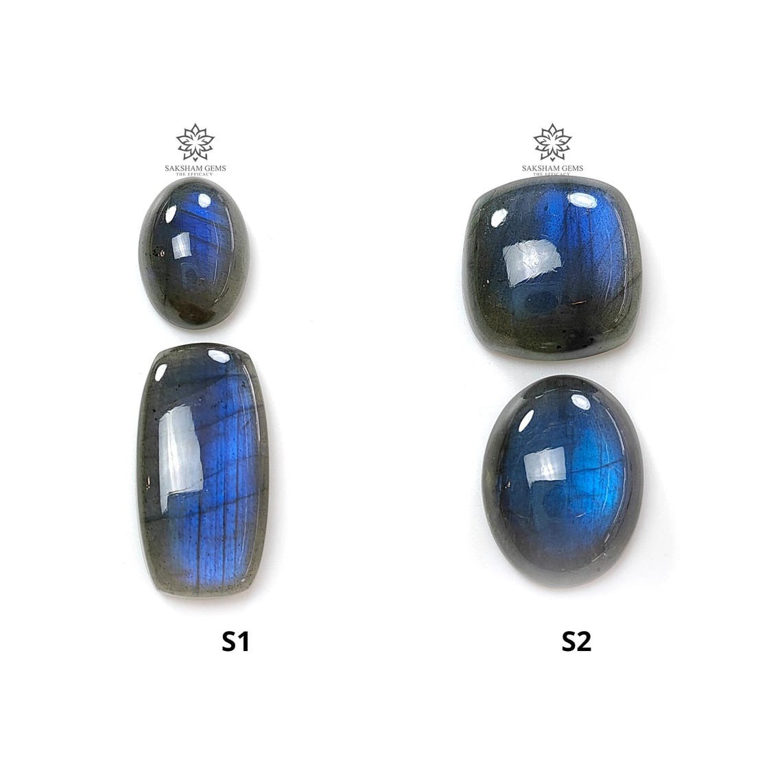 Natural Blue Labradorite Gemstone Cabochon Set - Untreated Oval, Baguette & Cushion Shapes (2pcs) for Jewelry Making, Wire Wrapping & Healing Crystal Collection
