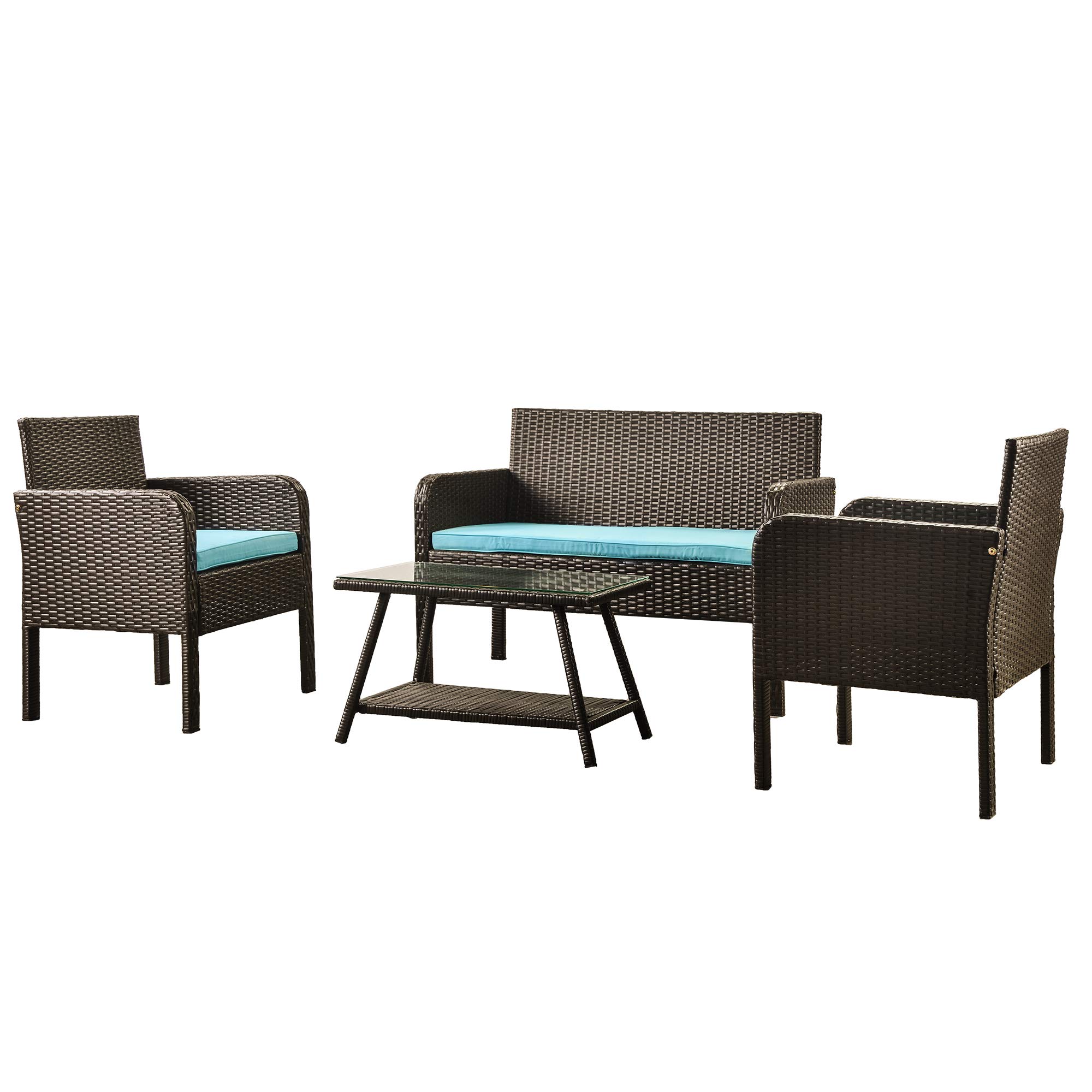 VeryKe 4-Piece Outdoor Rattan Sofa Set with Tempered Glass Table - PE Wicker Patio Furniture Conversation Set for Garden, Poolside & Backyard (Brown) - Perfect for Relaxing, Entertaining & Outdoor Dining