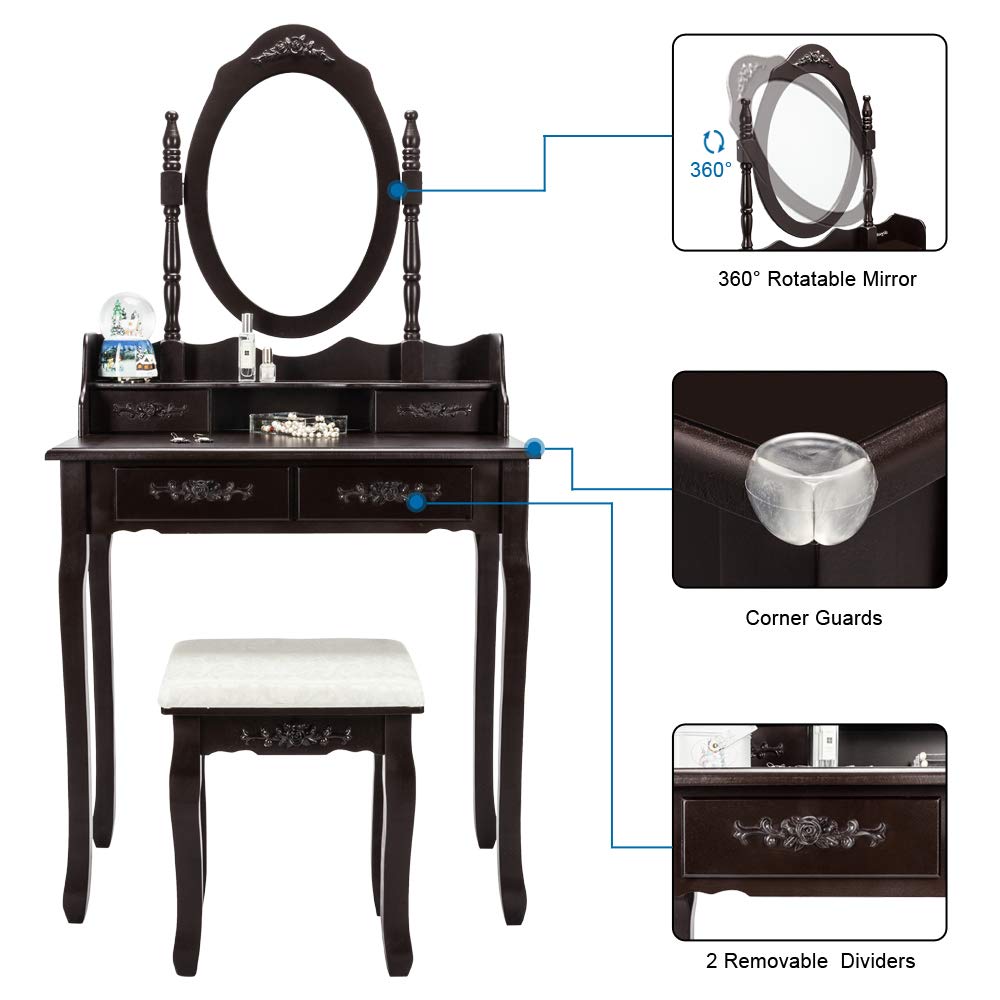 Brown Makeup Vanity Table with Stool & Removable Mirror - 4-Drawer Dressing Table with Cushioned Seat & Organizer - Perfect for Bedroom, Salon, and Bridal Makeup Setup