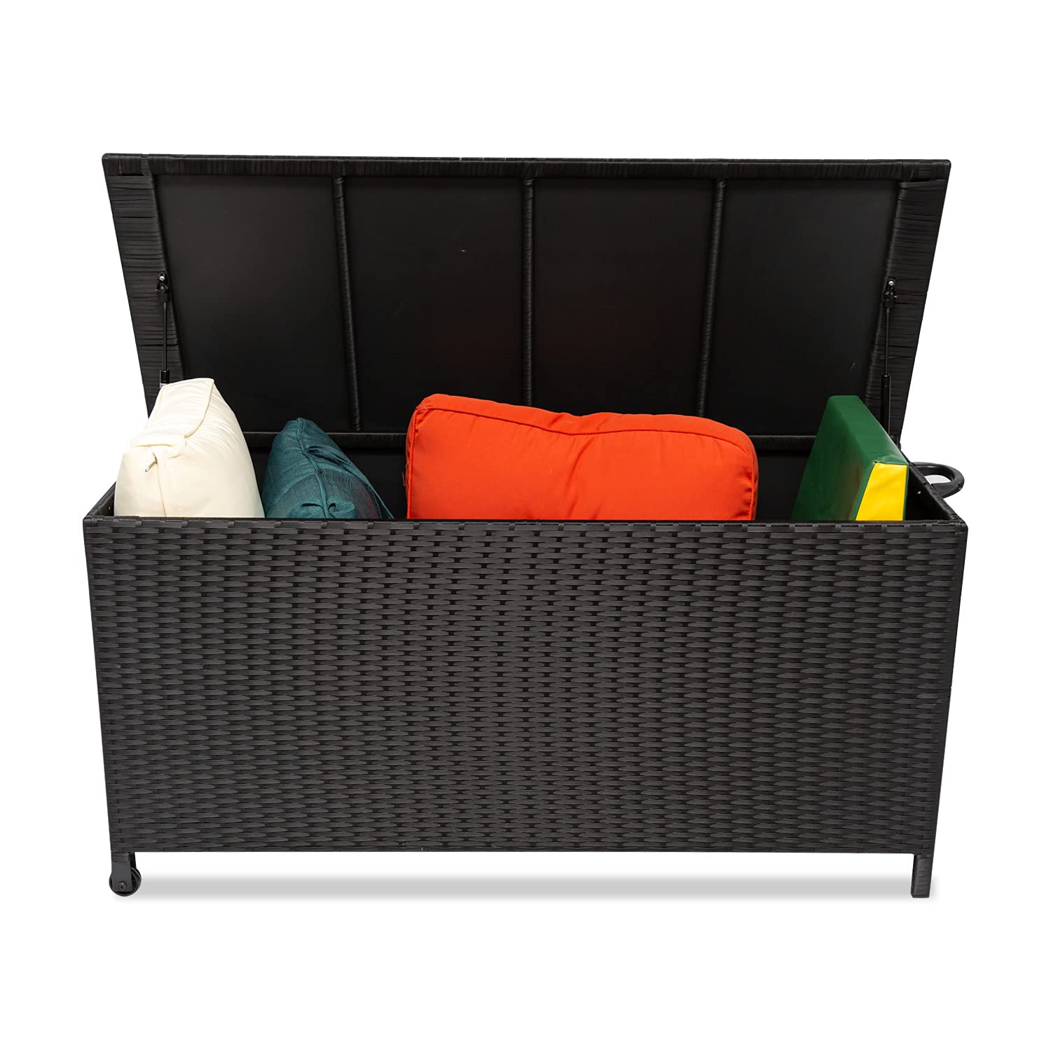 On Shine Large Rattan Wicker Deck Box - Outdoor Storage Container for Patio Furniture Cushions, Pool Toys & Garden Tools - Waterproof Deck Storage Box for Indoor/Outdoor Use (Black) - Perfect for Backyard, Poolside & Garden Organization